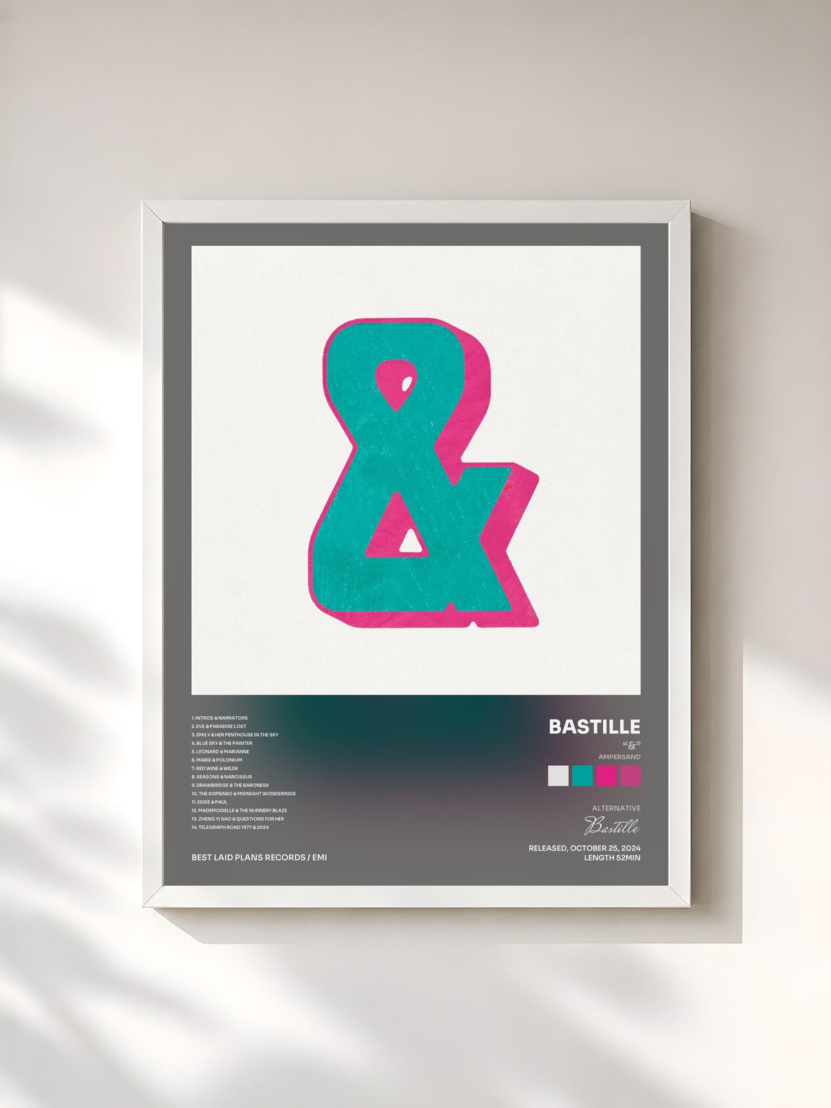 #blanc Tableau de l'album “&” (Ampersand) de Bastille, cadre blanc, imprimé et encadré en France