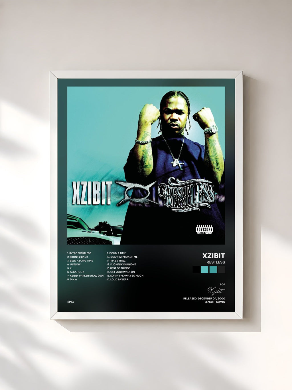 #blanc Tableau de l'album Restless de Xzibit, cadre blanc, imprimé et encadré en France