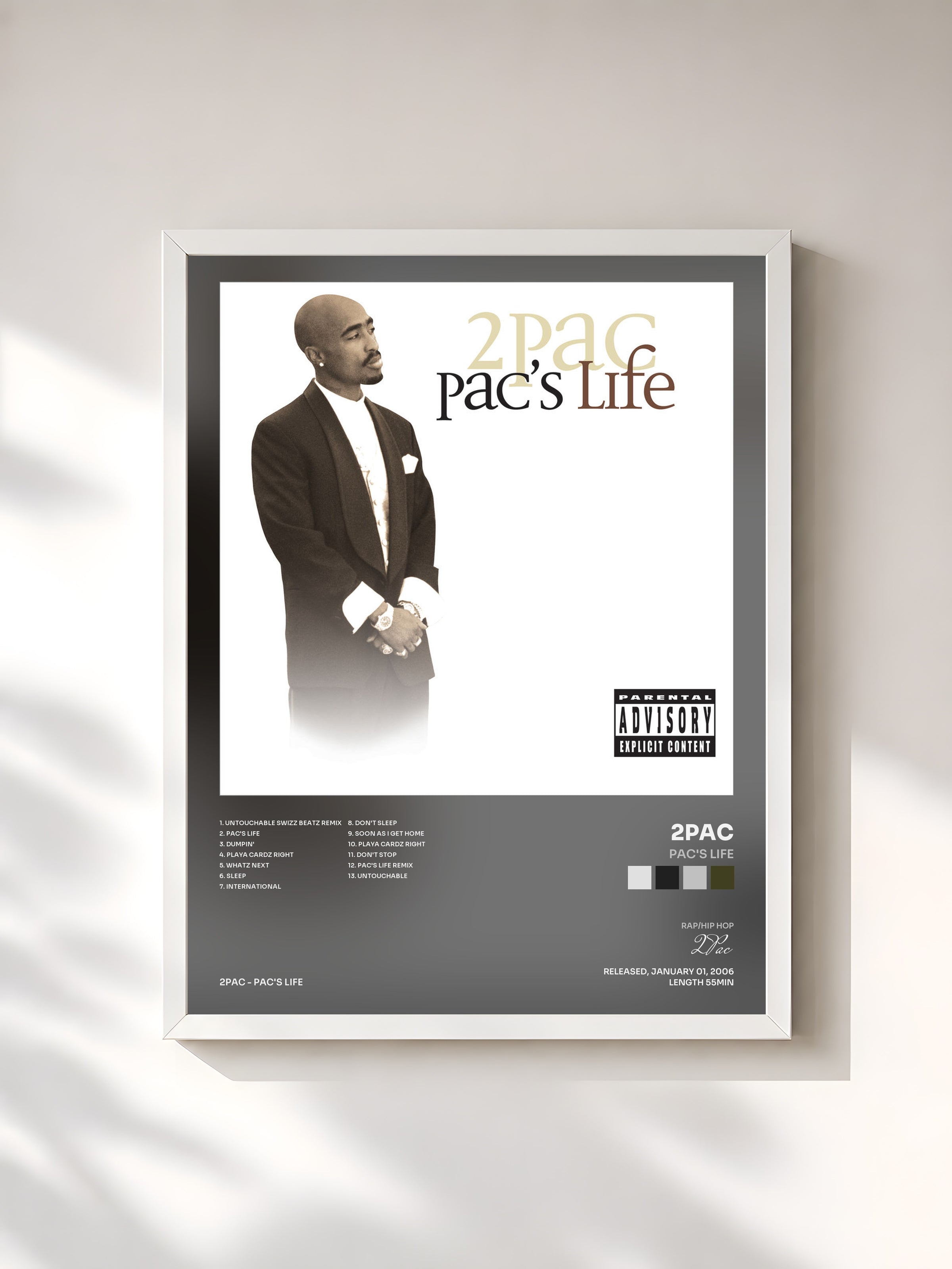 #blanc Pac's Life by 2Pac as a framed art print, white frame, printed and framed in France