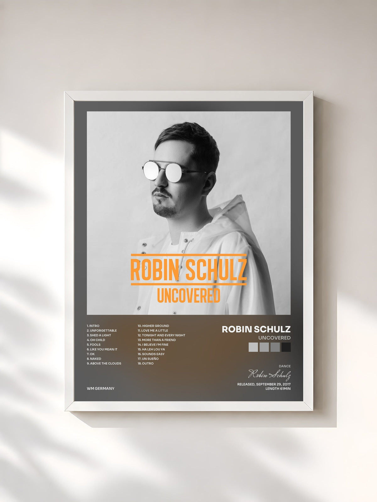 #blanc Tableau de l'album Uncovered de Robin Schulz, cadre blanc, imprimé et encadré en France