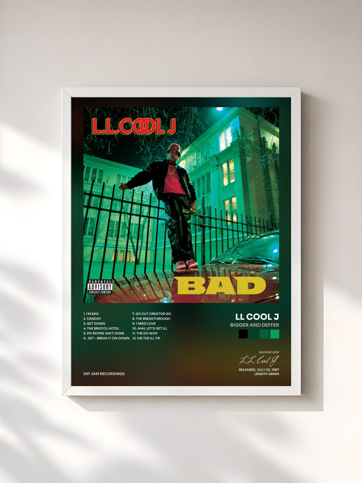 #blanc Tableau de l'album Bigger And Deffer de LL Cool J, cadre blanc, imprimé et encadré en France
