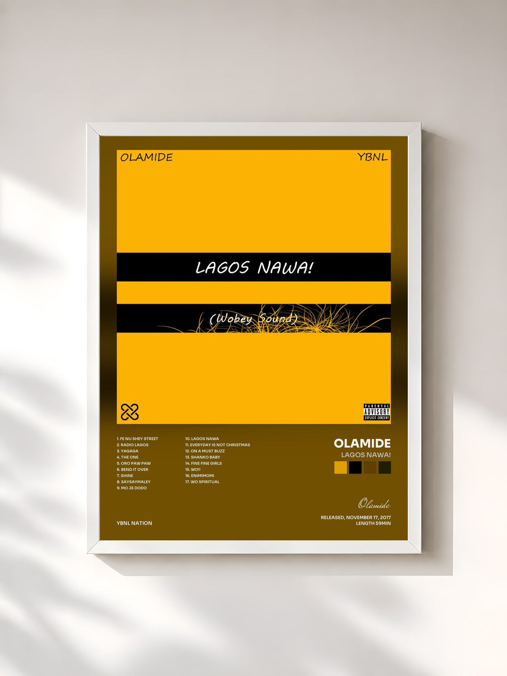 #blanc Tableau de l'album Lagos Nawa! de Olamide, cadre blanc, imprimé et encadré en France