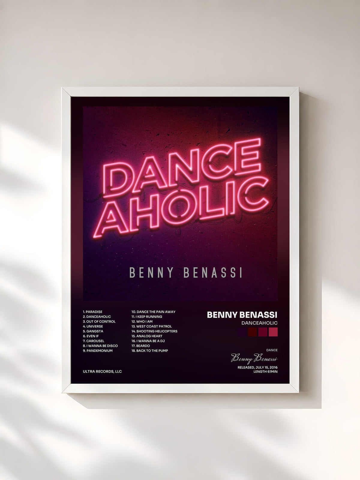 #blanc Tableau de l'album Danceaholic de Benny Benassi, cadre blanc, imprimé et encadré en France