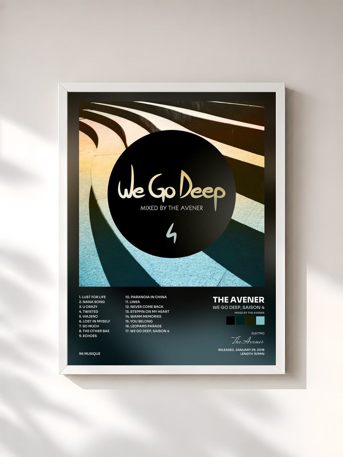 #blanc Tableau de l'album We Go Deep, Saison 4 (Mixed by The Avener) de The Avener, cadre blanc, imprimé et encadré en France
