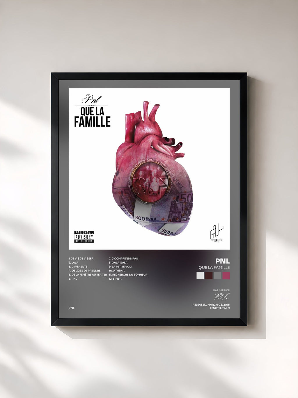 #noir Tableau de l'album Que la famille de PNL, cadre noir, imprimé et encadré en France