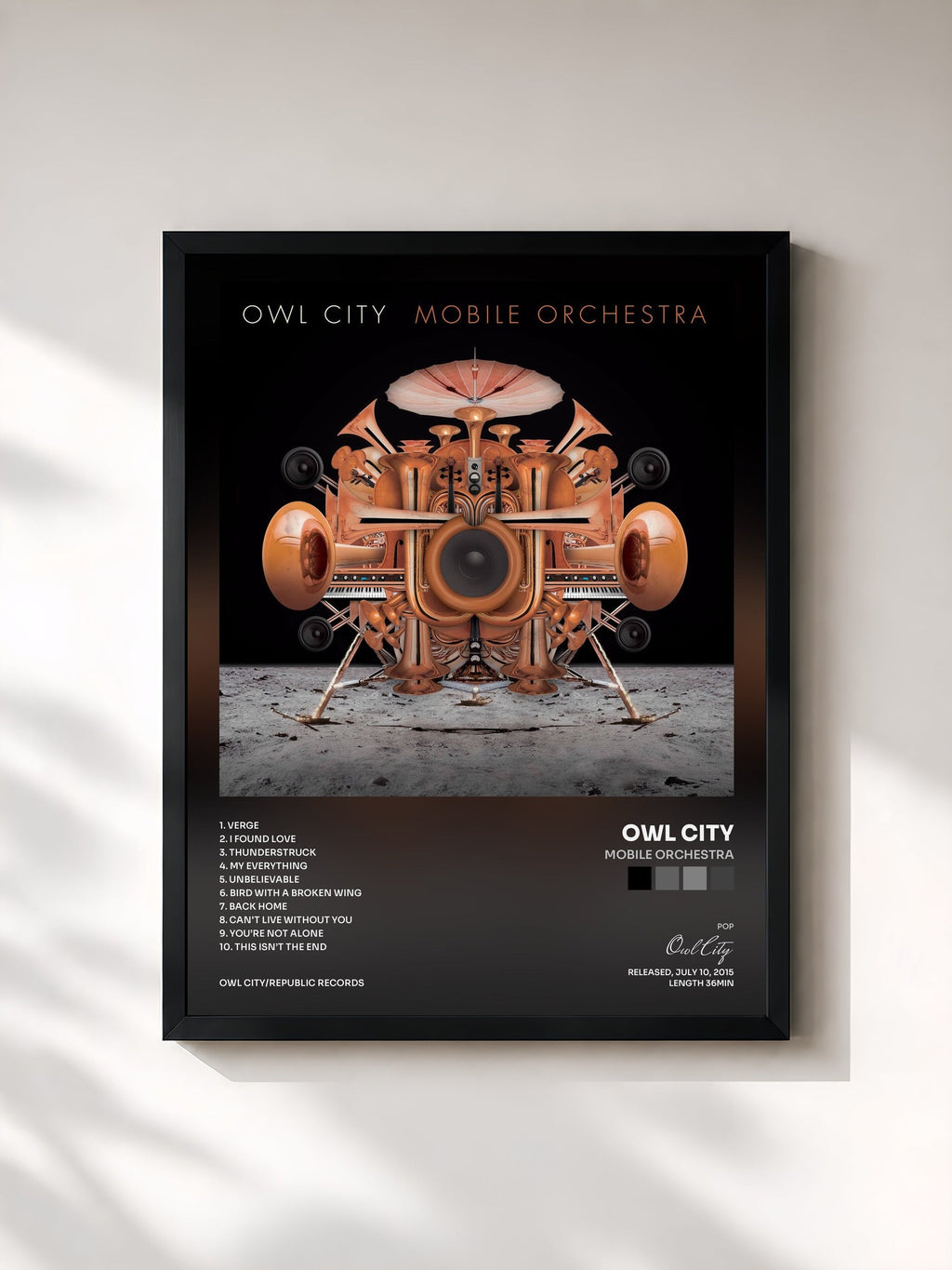 #noir Mobile Orchestra by Owl City as a framed art print, black frame, printed and framed in France