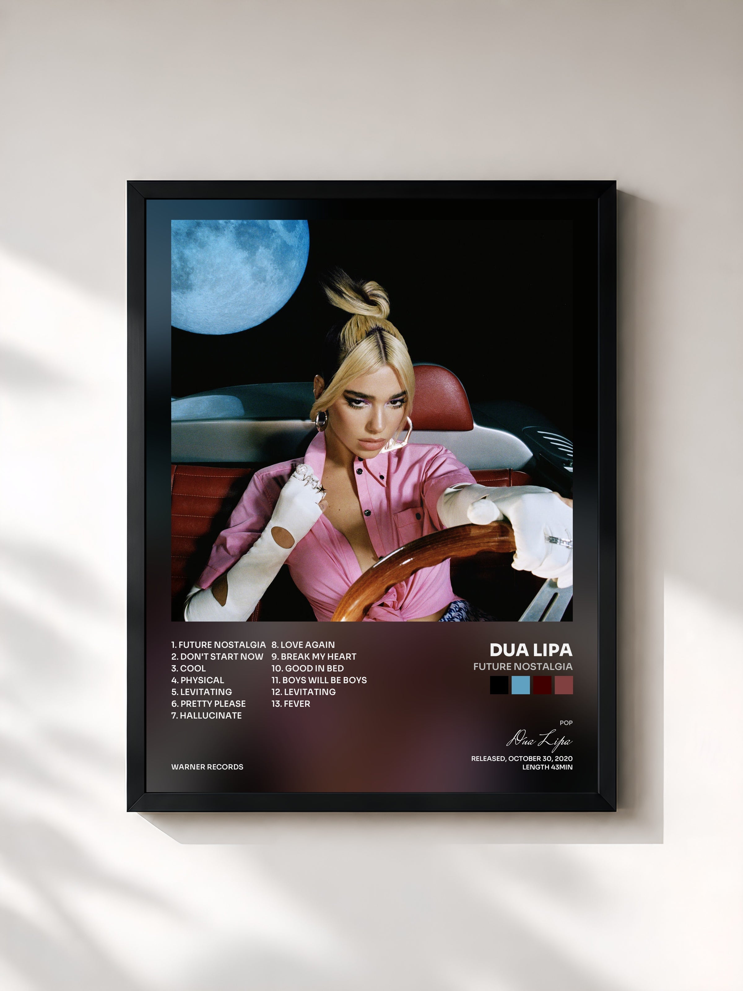 #noir Tableau de l'album Future Nostalgia de Dua Lipa, cadre noir, imprimé et encadré en France