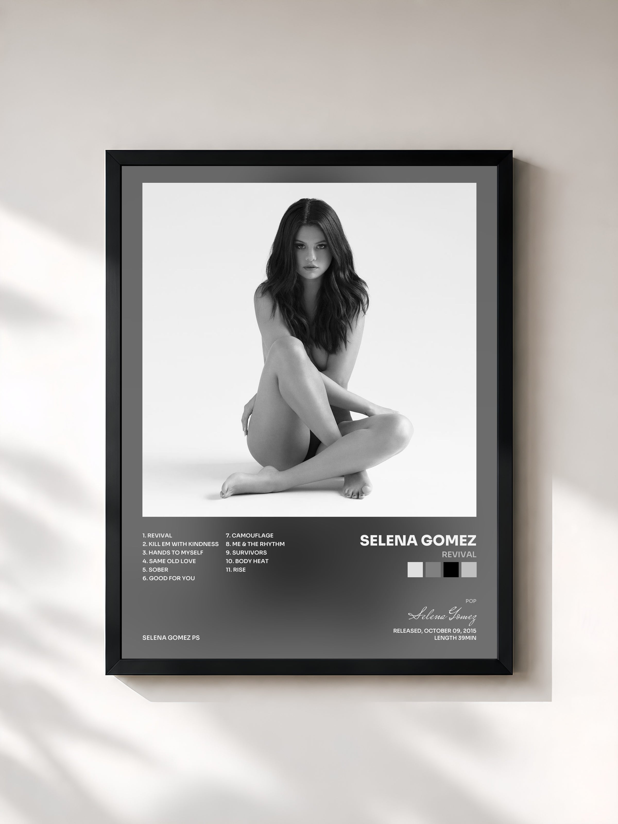 #noir Tableau de l'album Revival de Selena Gomez, cadre noir, imprimé et encadré en France