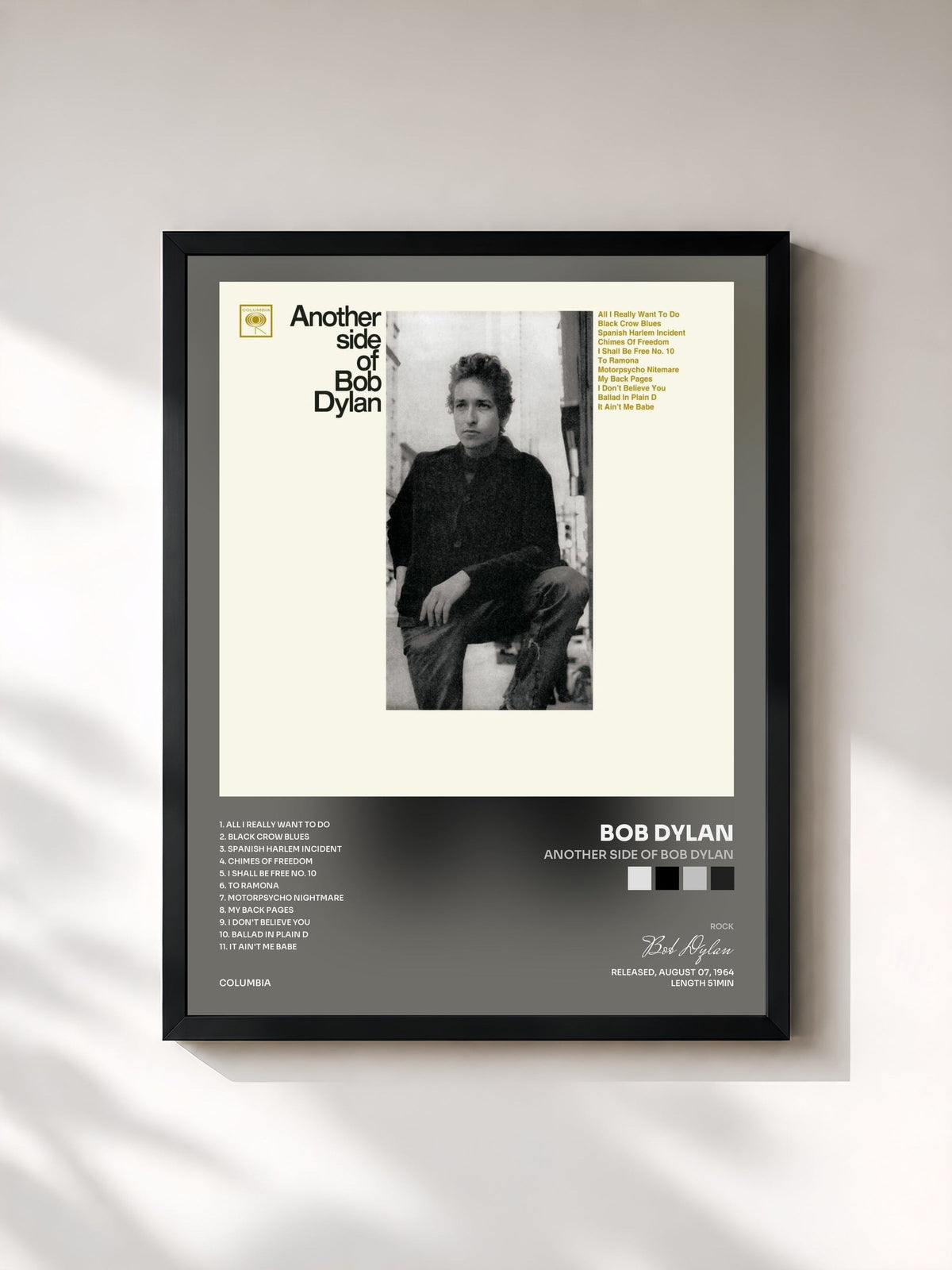 #noir Tableau de l'album Another Side Of Bob Dylan de Bob Dylan, cadre noir, imprimé et encadré en France