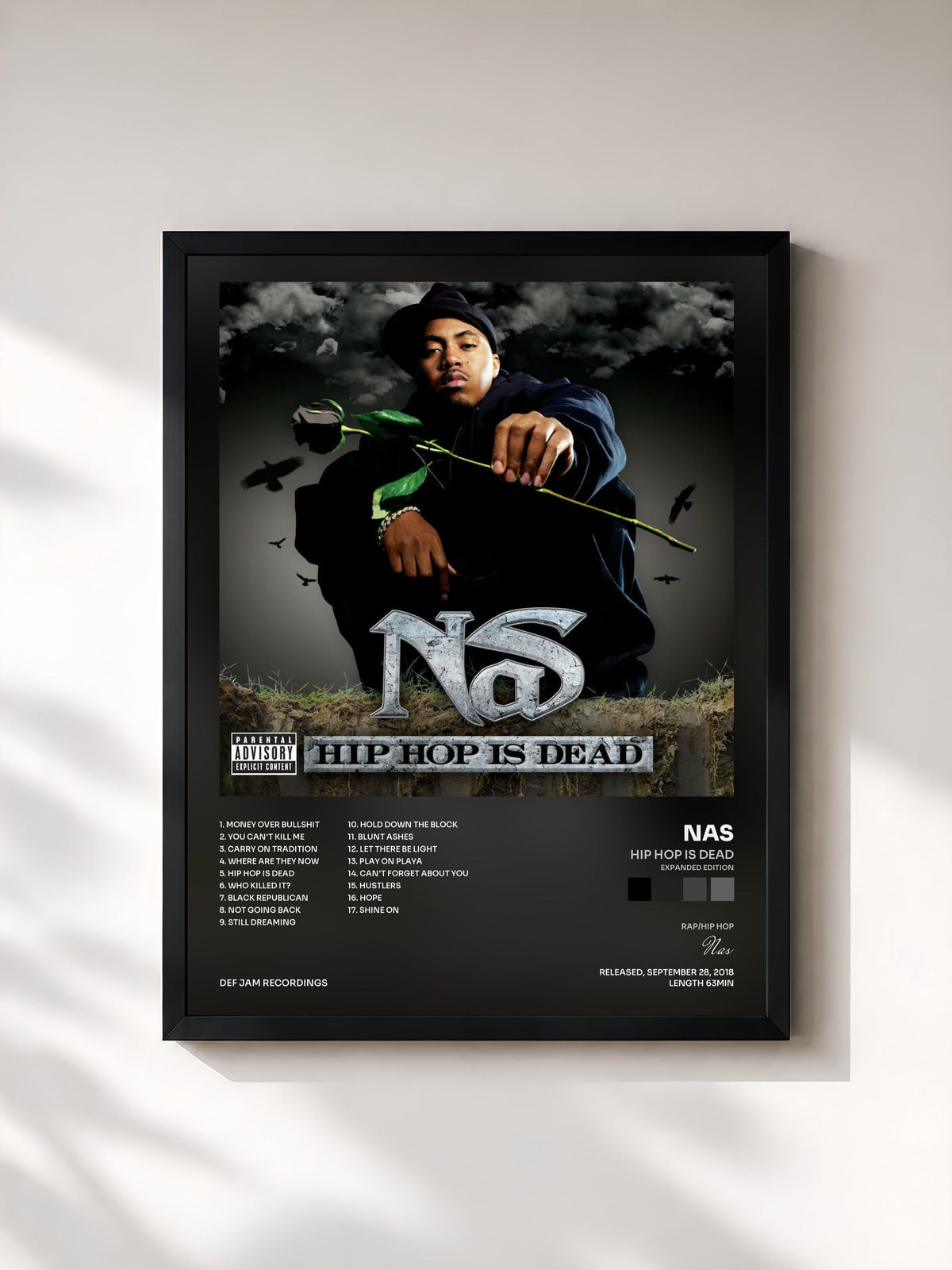 #noir Tableau de l'album Hip Hop Is Dead (Expanded Edition) de Nas, cadre noir, imprimé et encadré en France