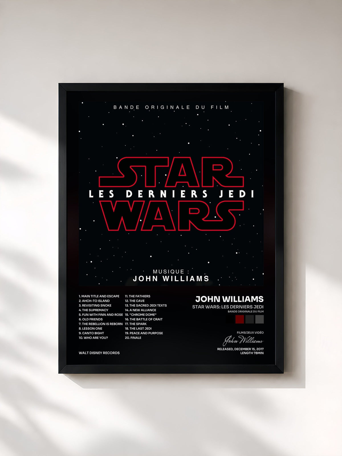 #noir Tableau de l'album Star Wars: Les Derniers Jedi (Bande Originale du Film) de John Williams, cadre noir, imprimé et encadré en France