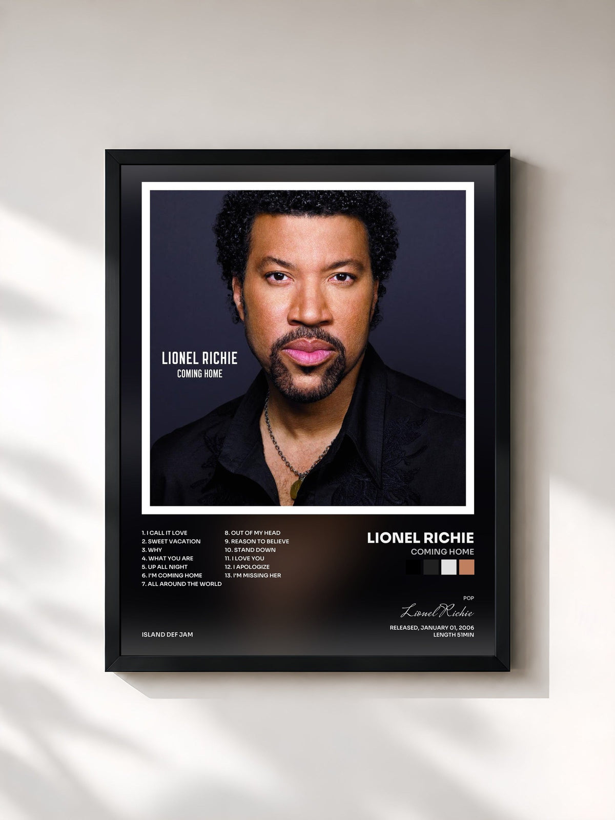 #noir Tableau de l'album Coming Home de Lionel Richie, cadre noir, imprimé et encadré en France