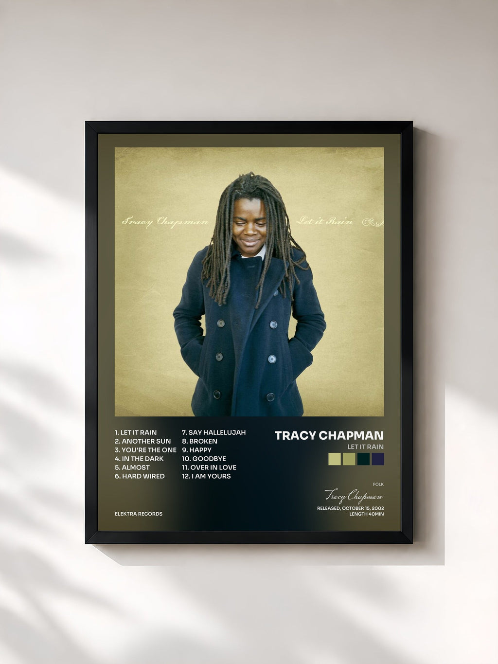 #noir Tableau de l'album Let It Rain de Tracy Chapman, cadre noir, imprimé et encadré en France