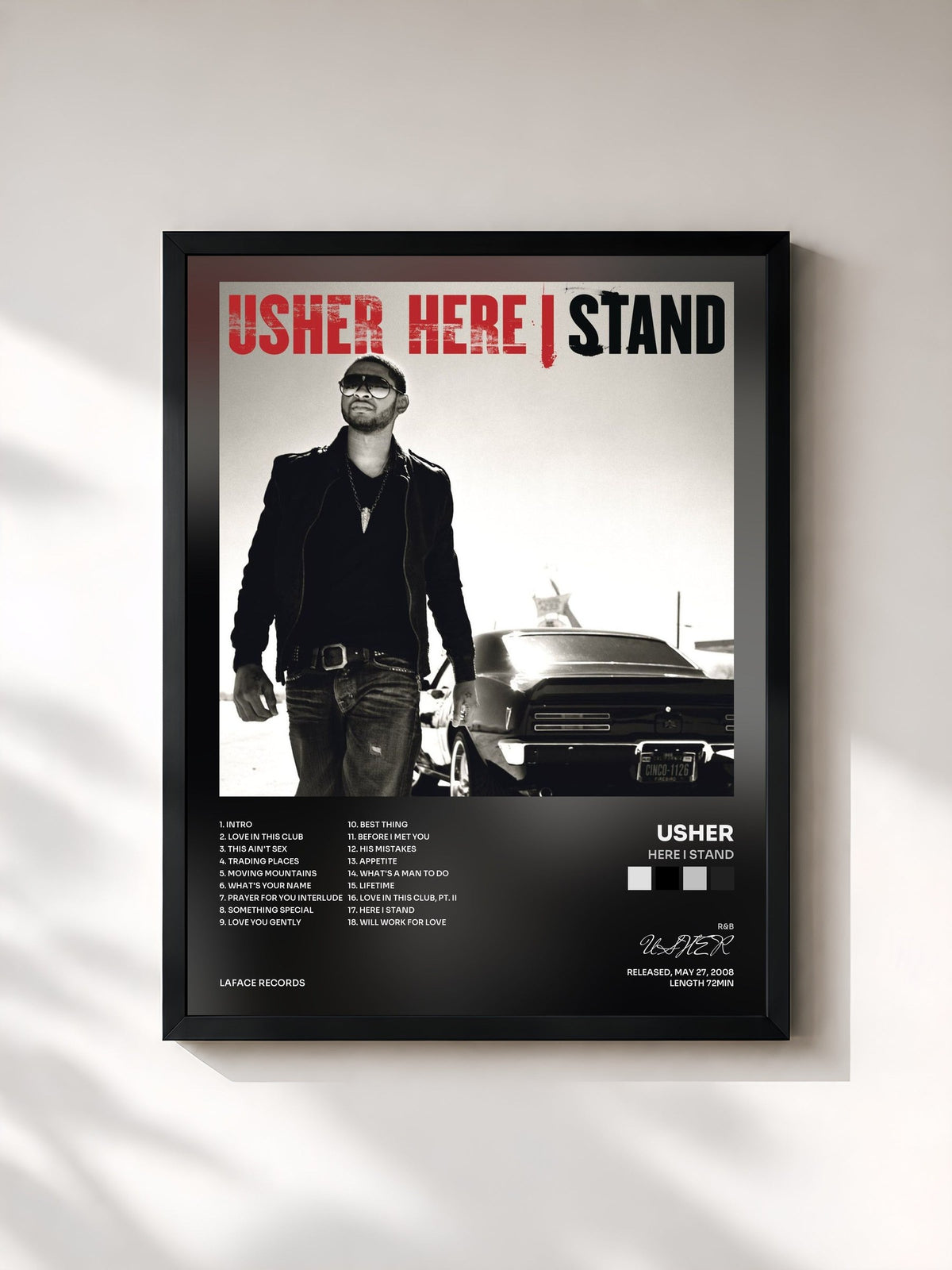 #noir Tableau de l'album Here I Stand de USHER, cadre noir, imprimé et encadré en France