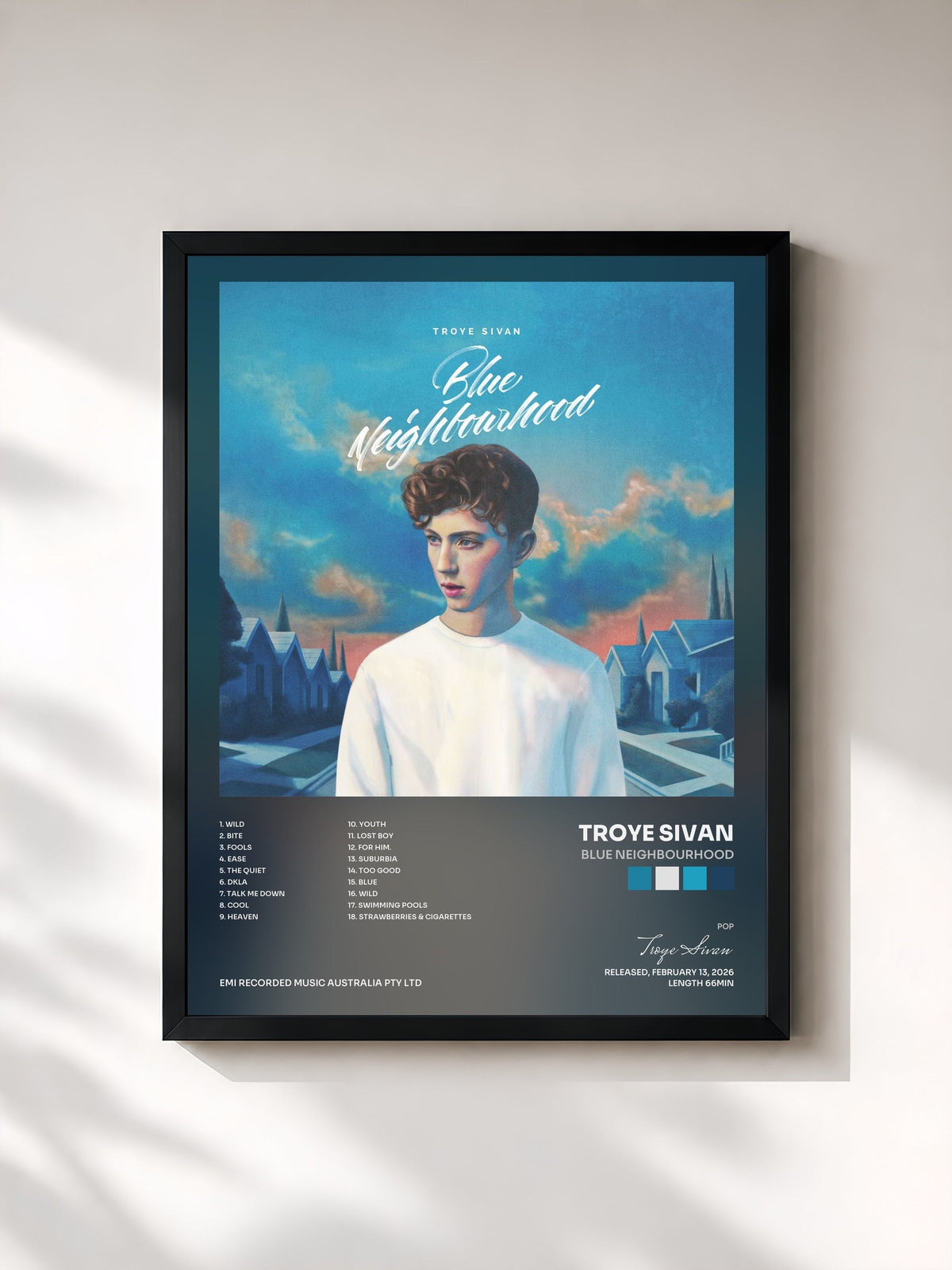 #noir Tableau de l'album Blue Neighbourhood de Troye Sivan, cadre noir, imprimé et encadré en France
