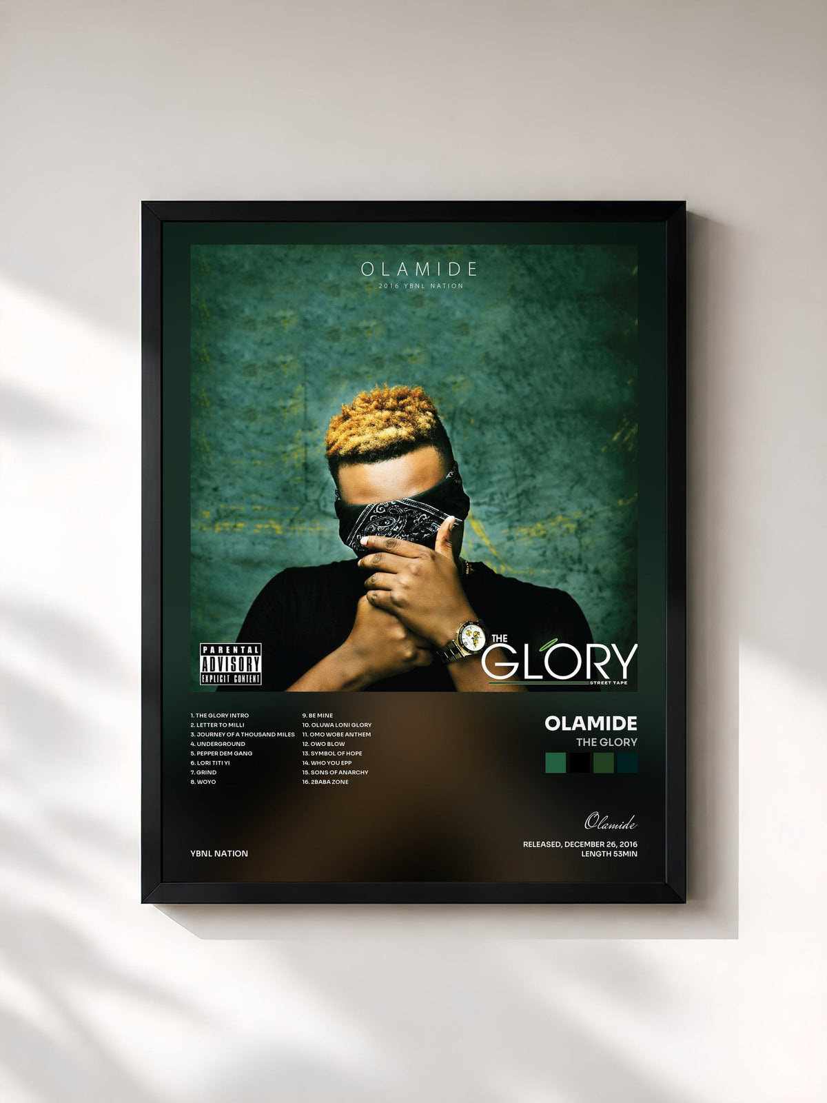 #noir Tableau de l'album The Glory de Olamide, cadre noir, imprimé et encadré en France