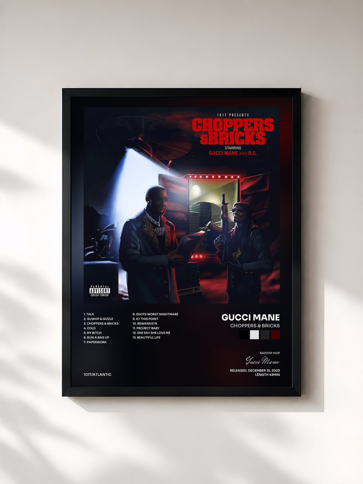 #noir Tableau de l'album Choppers & Bricks de Gucci Mane, cadre noir, imprimé et encadré en France