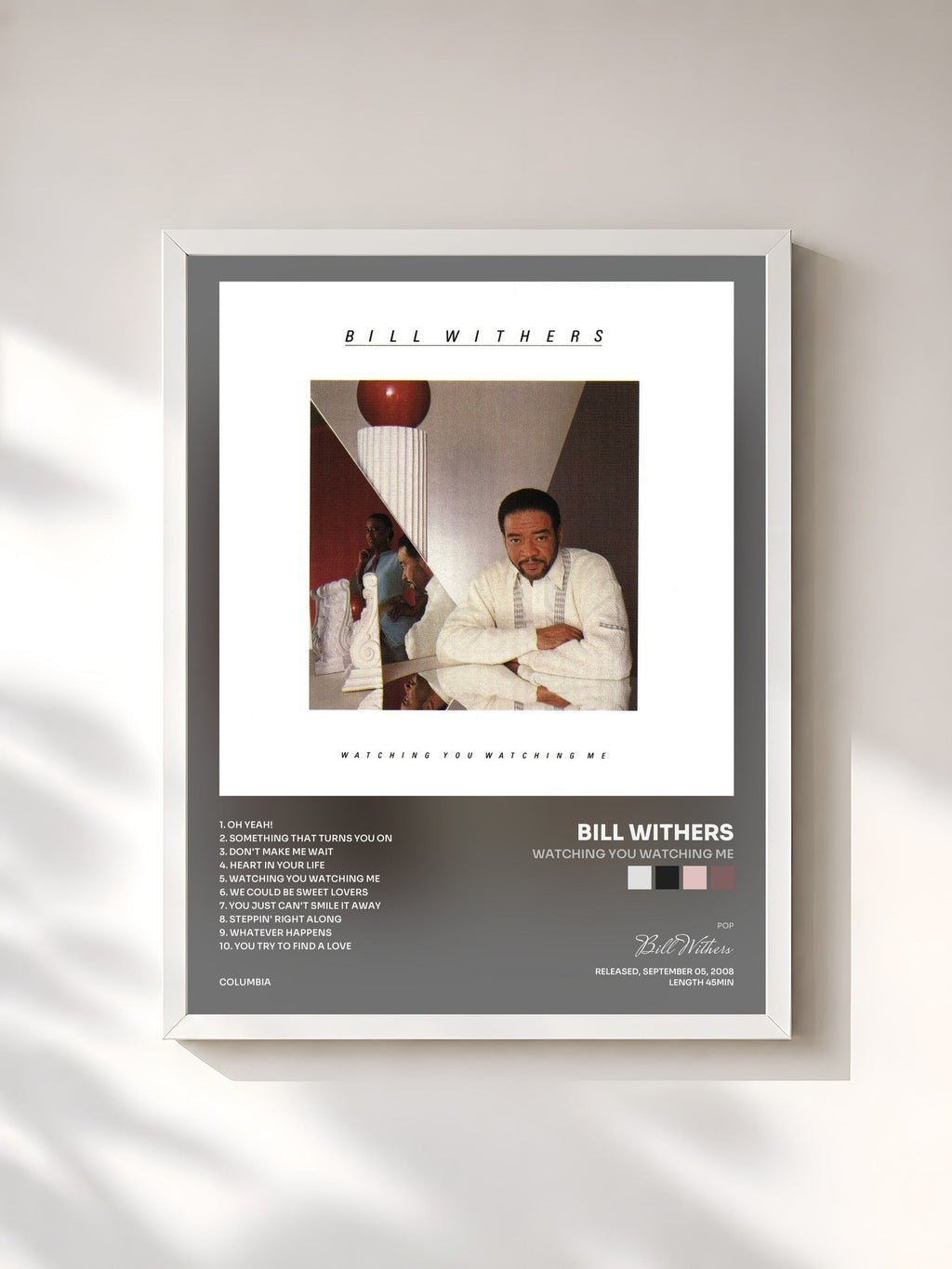 #blanc Tableau de l'album Watching You Watching Me de Bill Withers, cadre blanc, imprimé et encadré en France