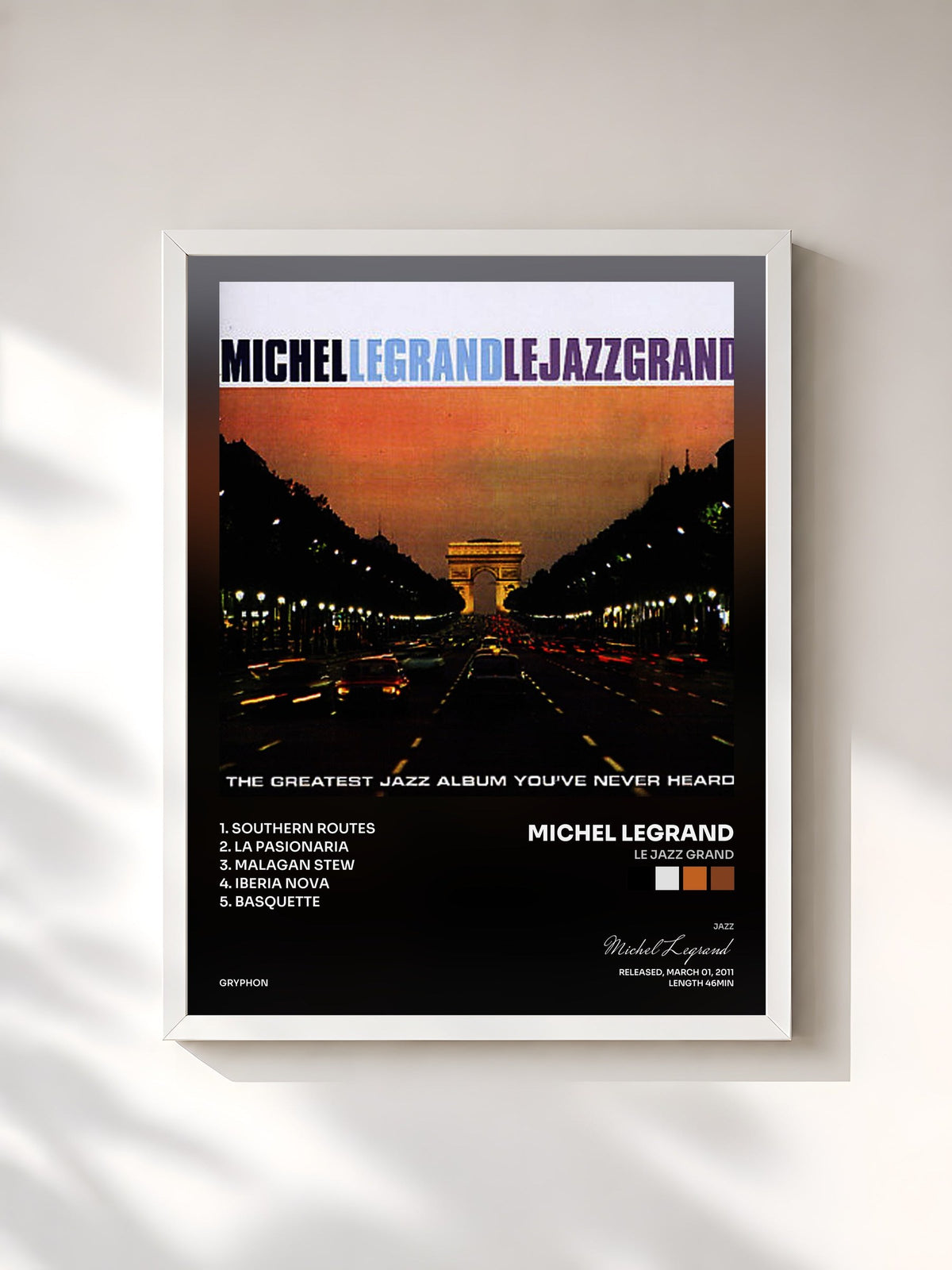 #blanc Tableau de l'album Le Jazz Grand de Michel Legrand, cadre blanc, imprimé et encadré en France