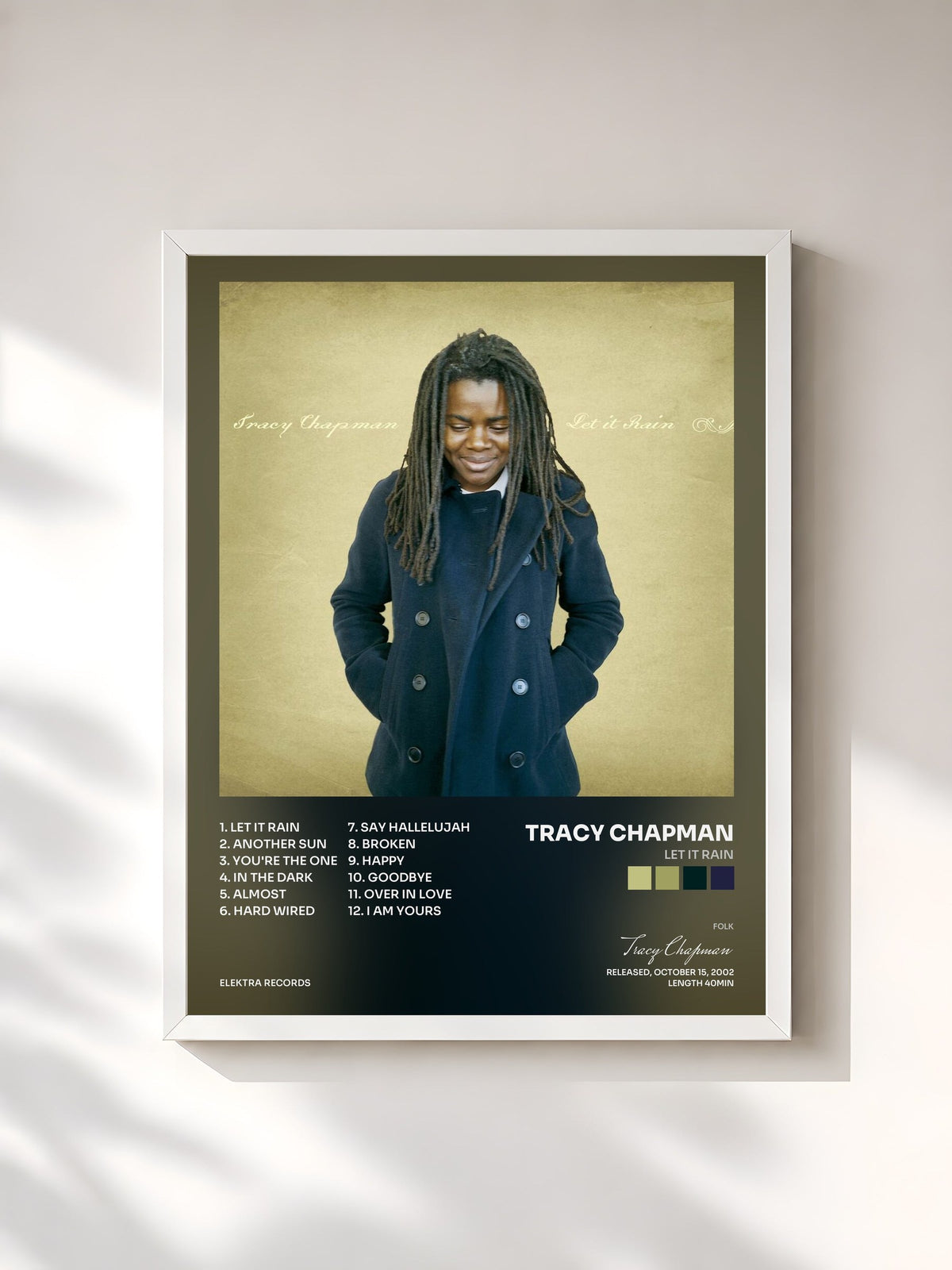 #blanc Tableau de l'album Let It Rain de Tracy Chapman, cadre blanc, imprimé et encadré en France