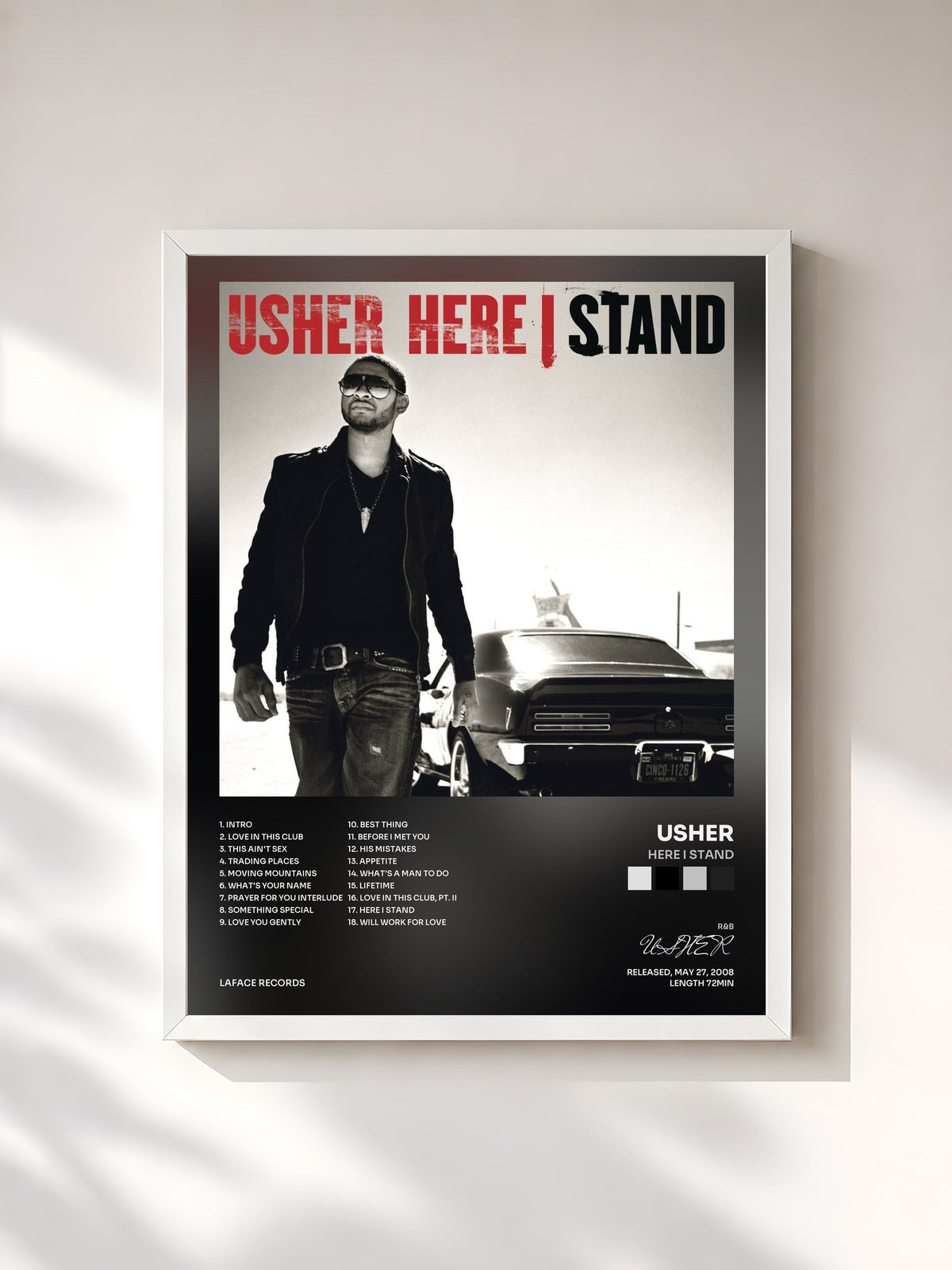 #blanc Tableau de l'album Here I Stand de USHER, cadre blanc, imprimé et encadré en France