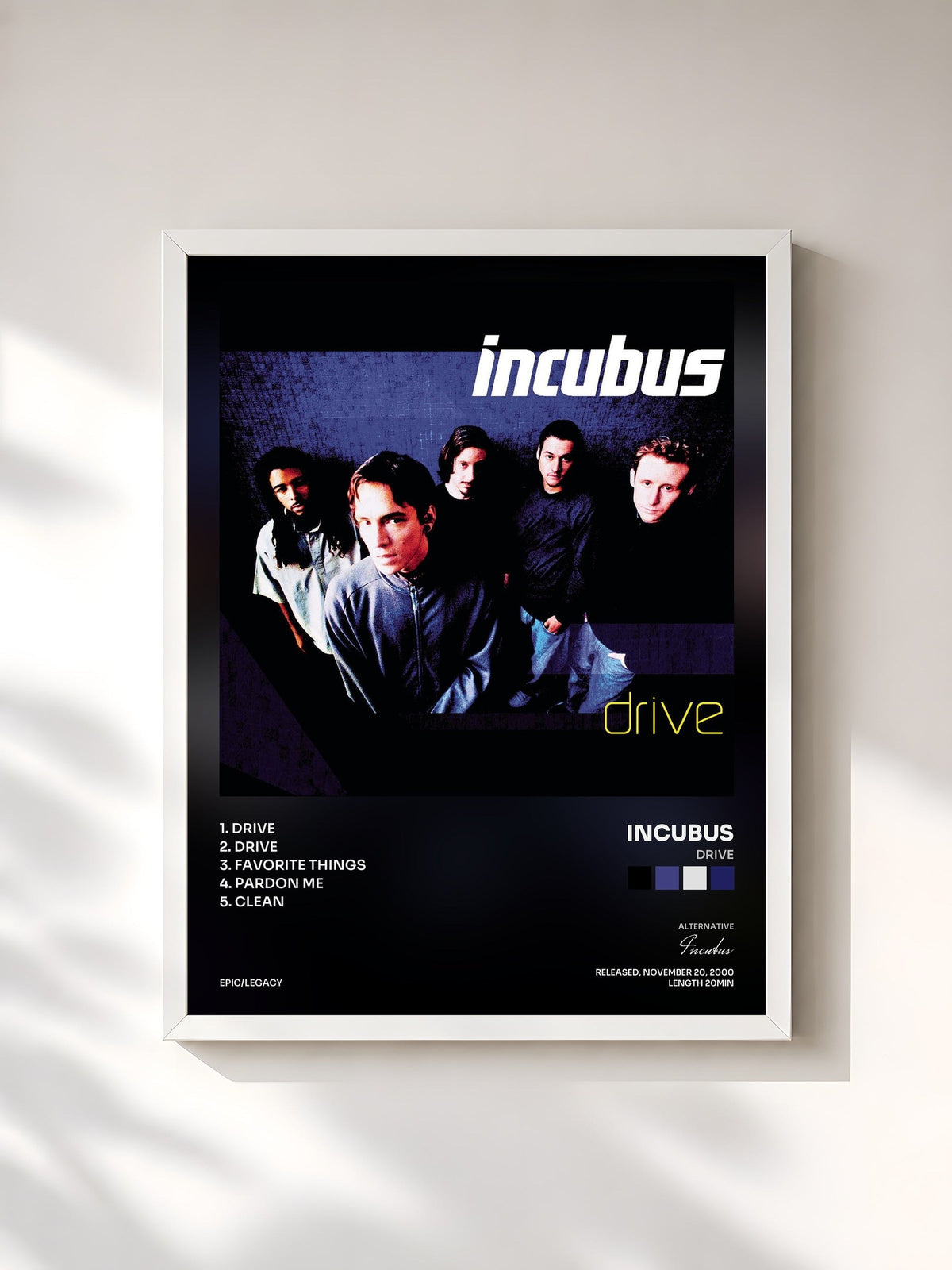 #blanc Drive de Incubus en lámina enmarcada, marco blanco, impresa y enmarcada en Francia