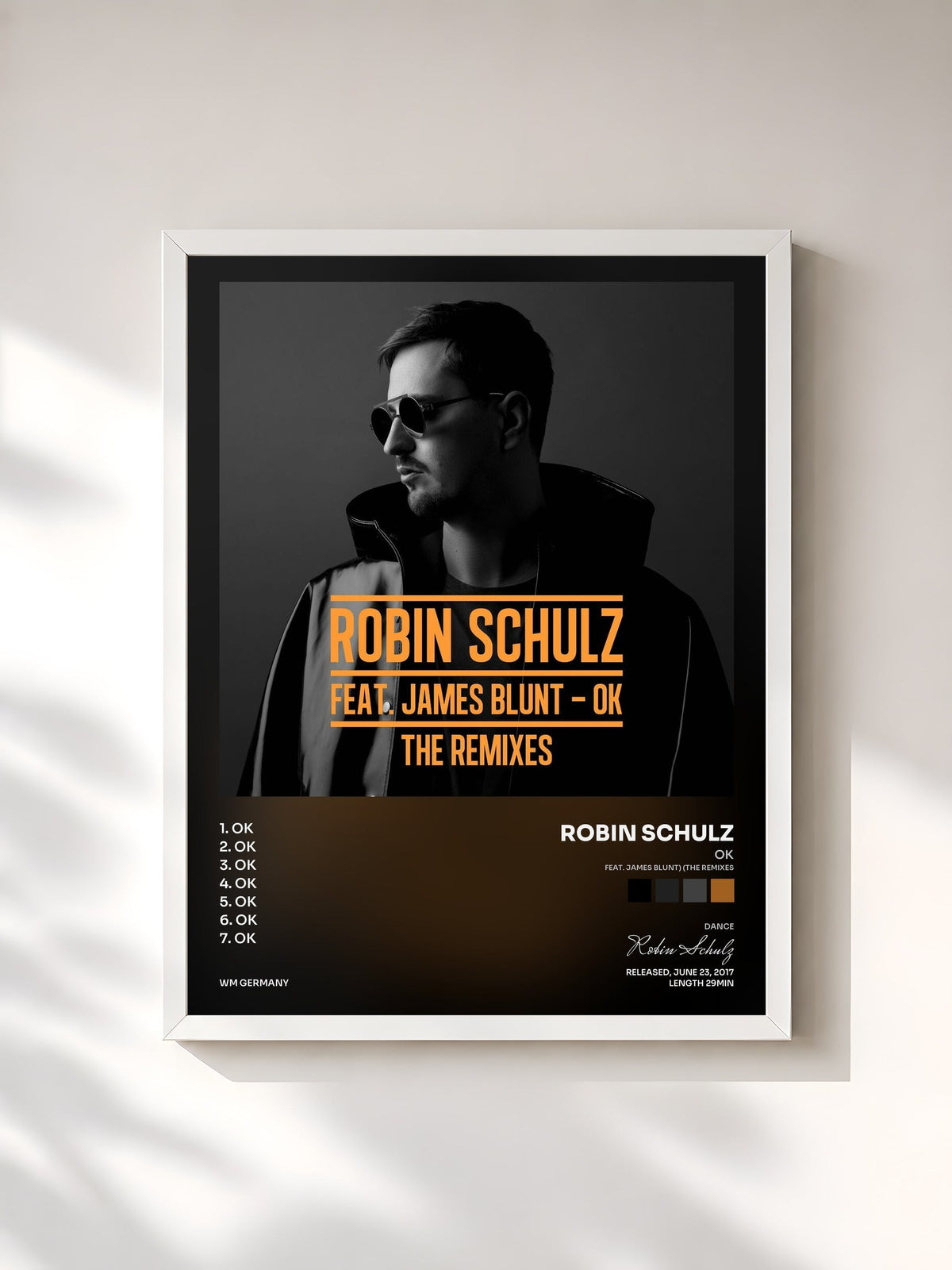 #blanc Tableau de l'album OK (feat. James Blunt) (The Remixes) de Robin Schulz, cadre blanc, imprimé et encadré en France