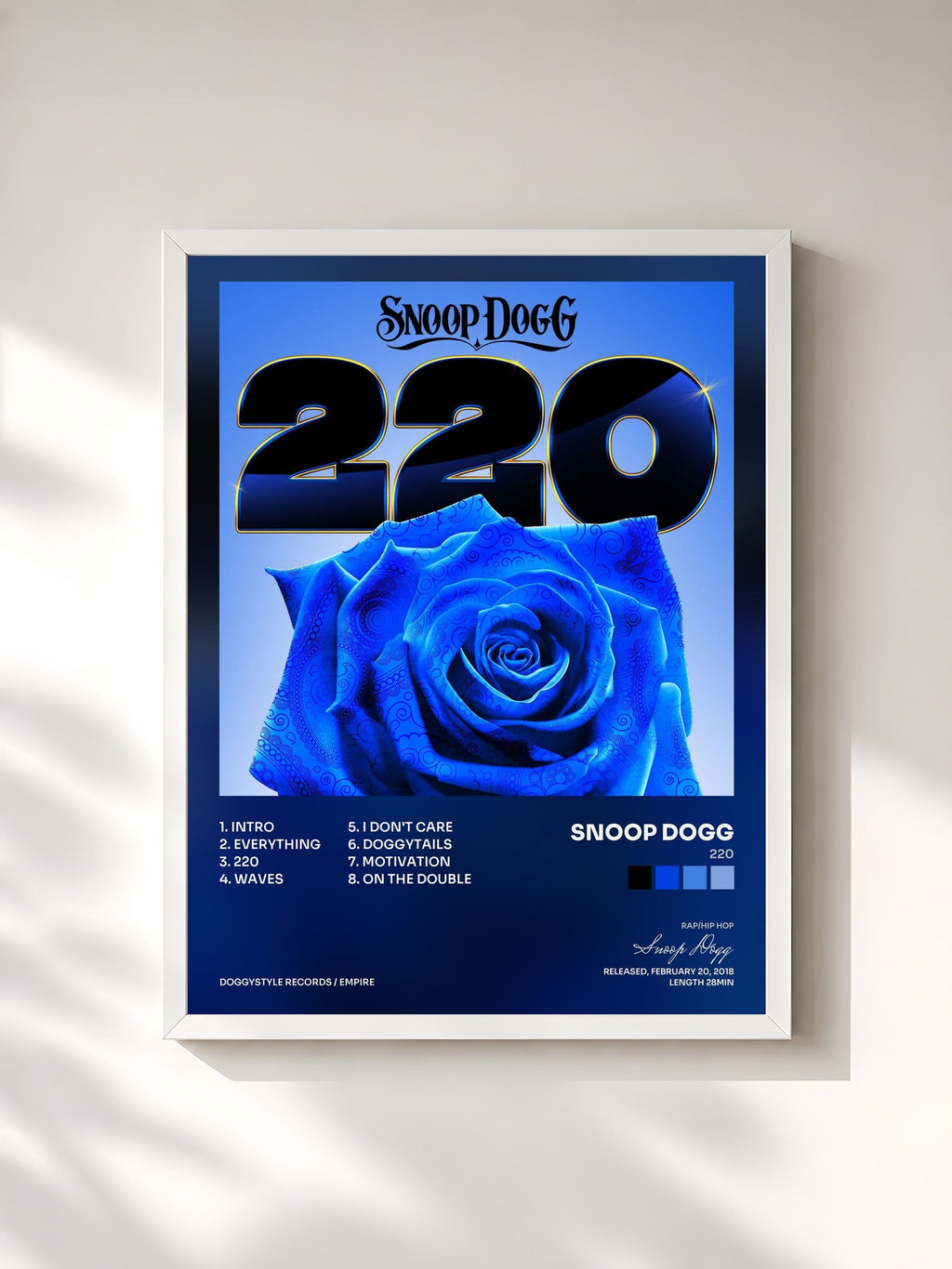 #blanc Tableau de l'album 220 de Snoop Dogg, cadre blanc, imprimé et encadré en France