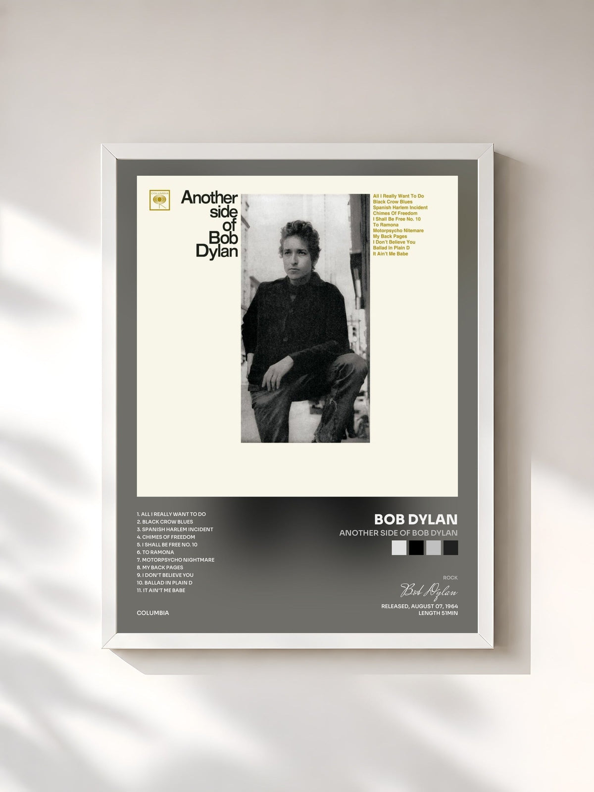 #blanc Tableau de l'album Another Side Of Bob Dylan de Bob Dylan, cadre blanc, imprimé et encadré en France