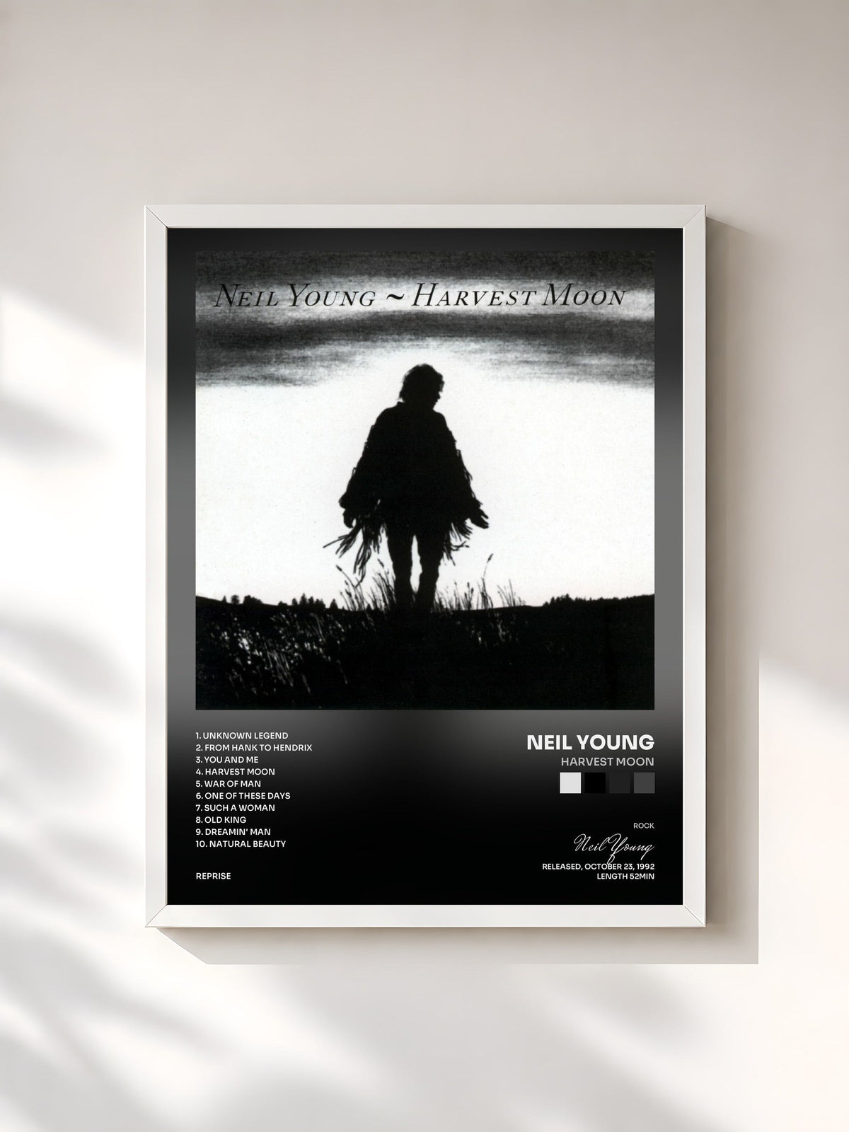 #blanc Tableau de l'album Harvest Moon de Neil Young, cadre blanc, imprimé et encadré en France
