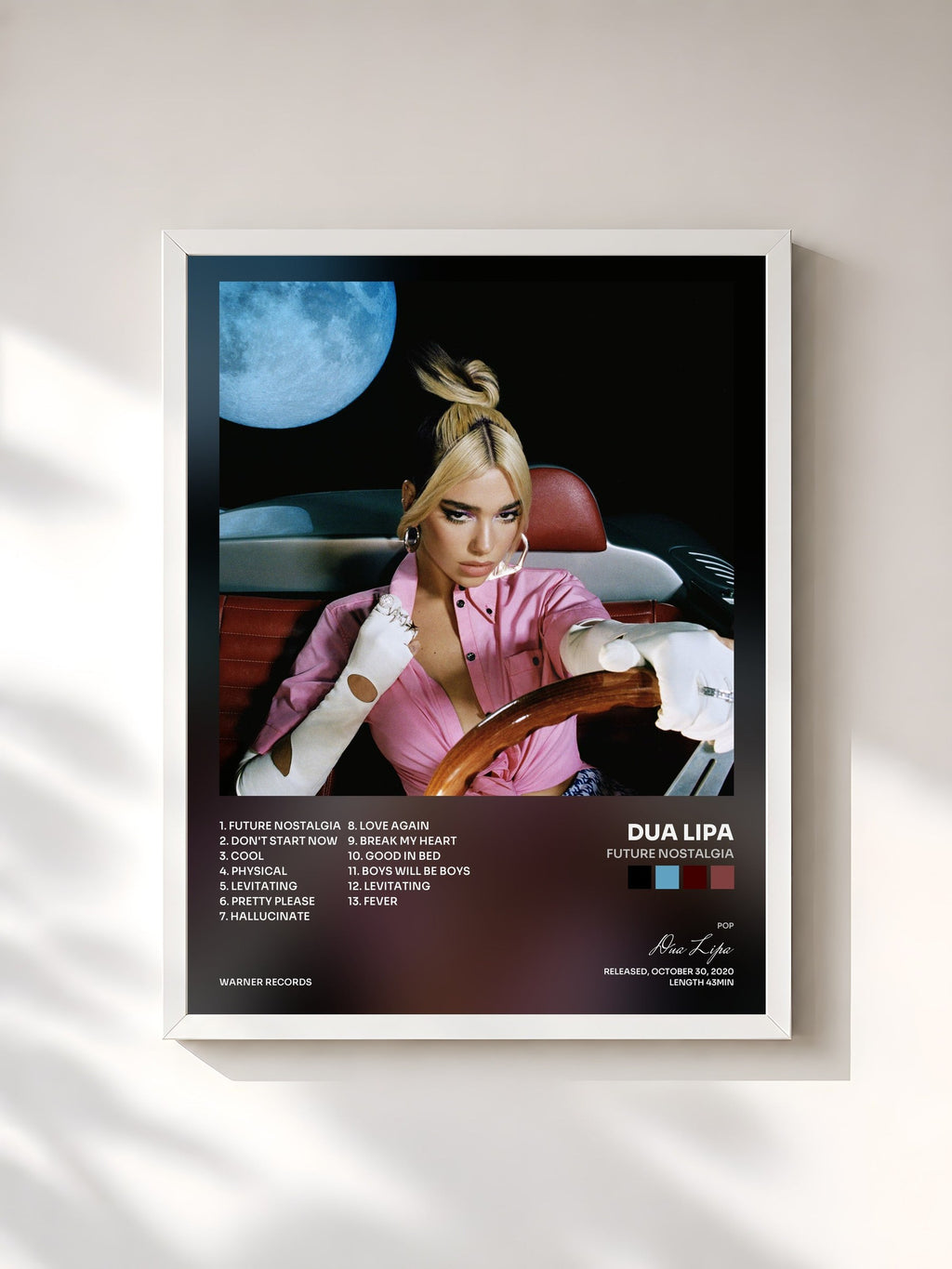 #blanc Tableau de l'album Future Nostalgia de Dua Lipa, cadre blanc, imprimé et encadré en France