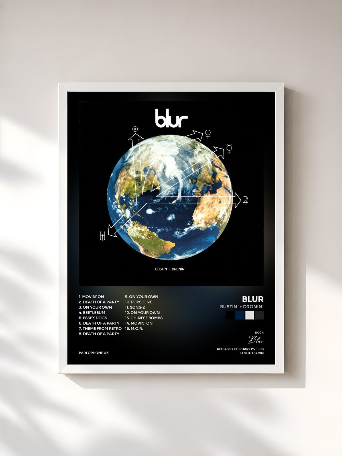 #blanc Tableau de l'album Bustin' + Dronin' de Blur, cadre blanc, imprimé et encadré en France