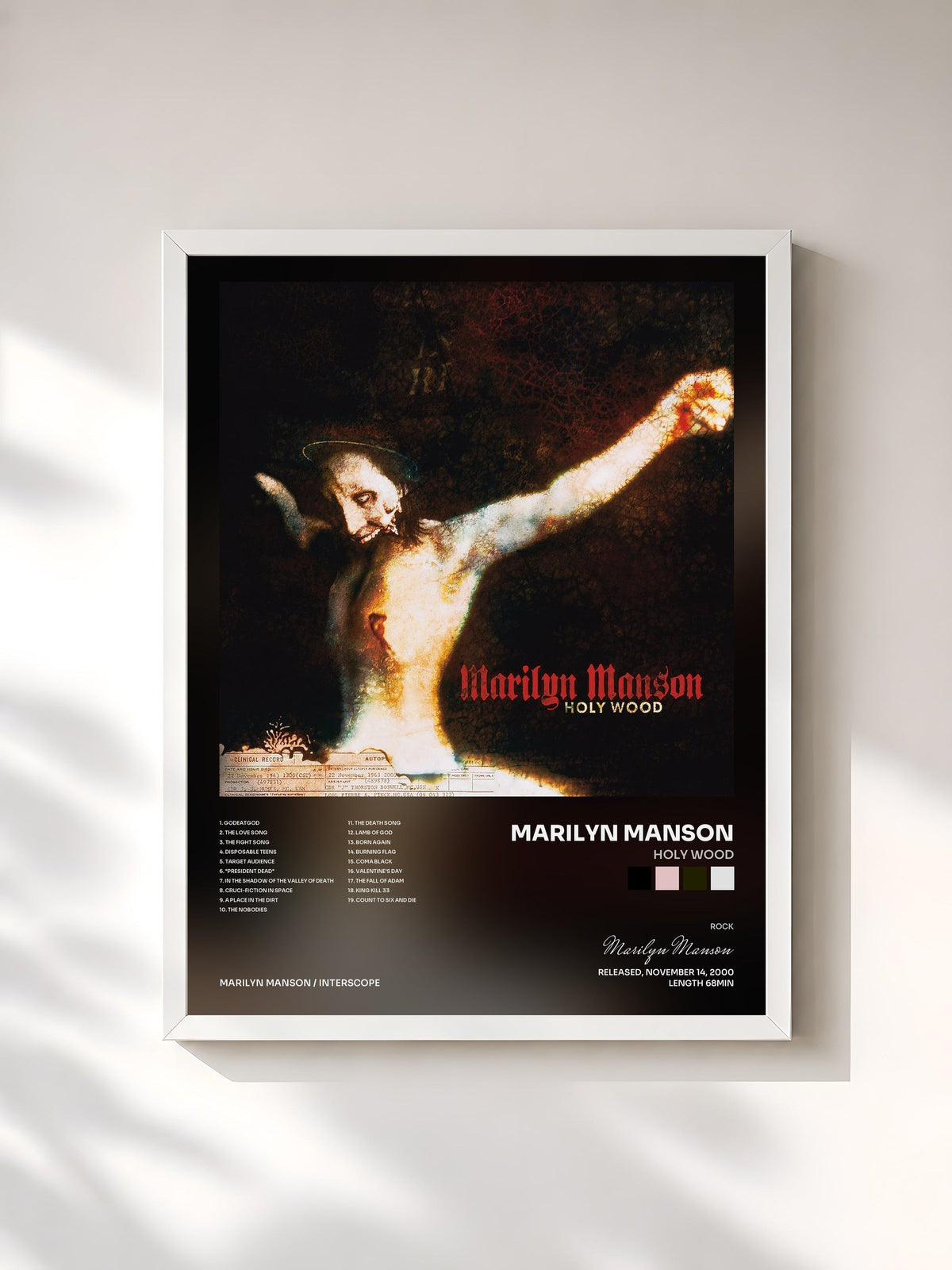 #blanc Tableau de l'album Holy Wood de Marilyn Manson, cadre blanc, imprimé et encadré en France