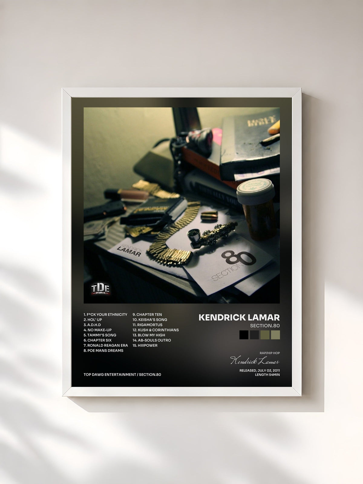 #blanc Tableau de l'album Section.80 de Kendrick Lamar, cadre blanc, imprimé et encadré en France