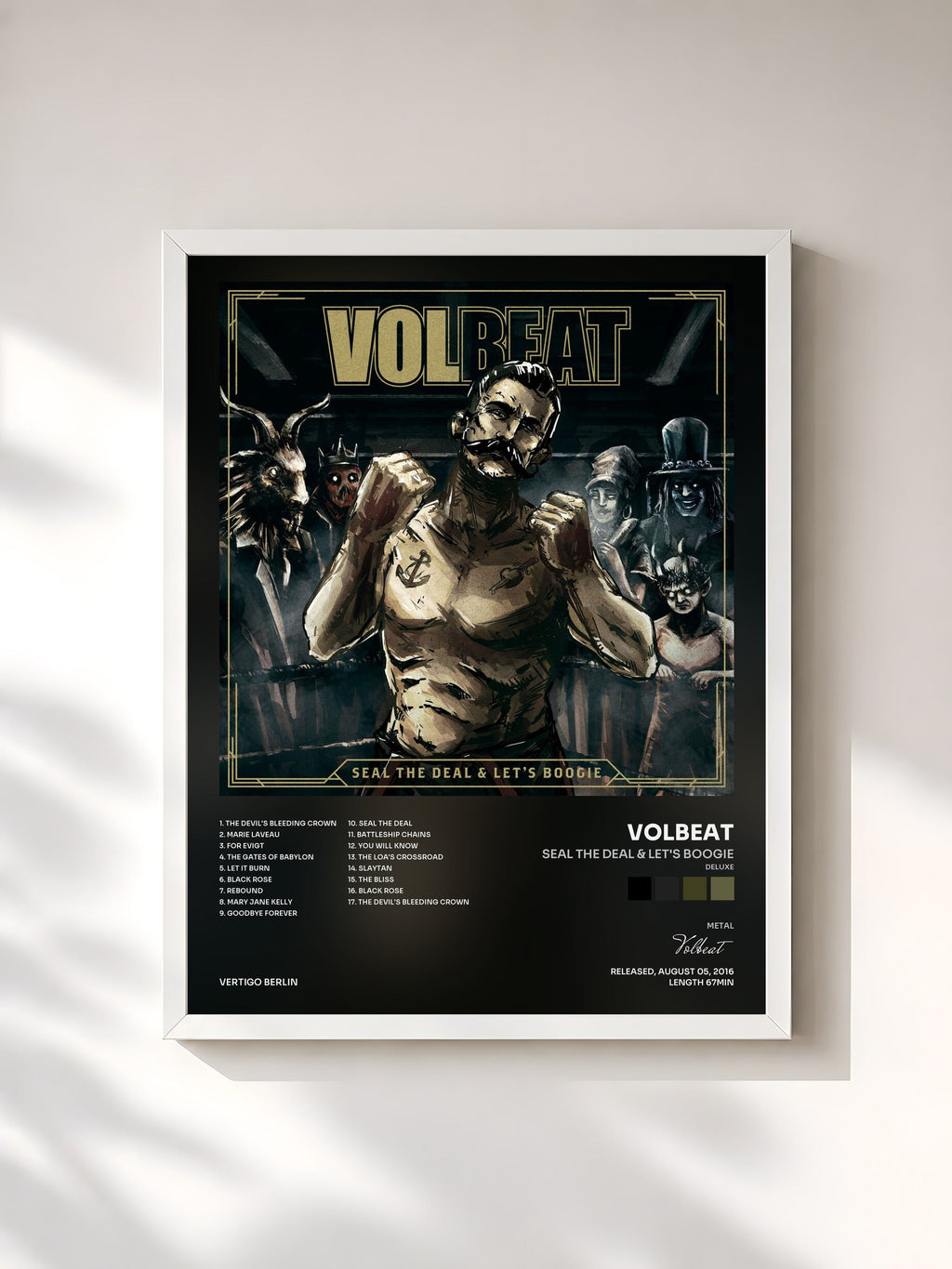 #blanc Tableau de l'album Seal The Deal & Let's Boogie (Deluxe) de Volbeat, cadre blanc, imprimé et encadré en France