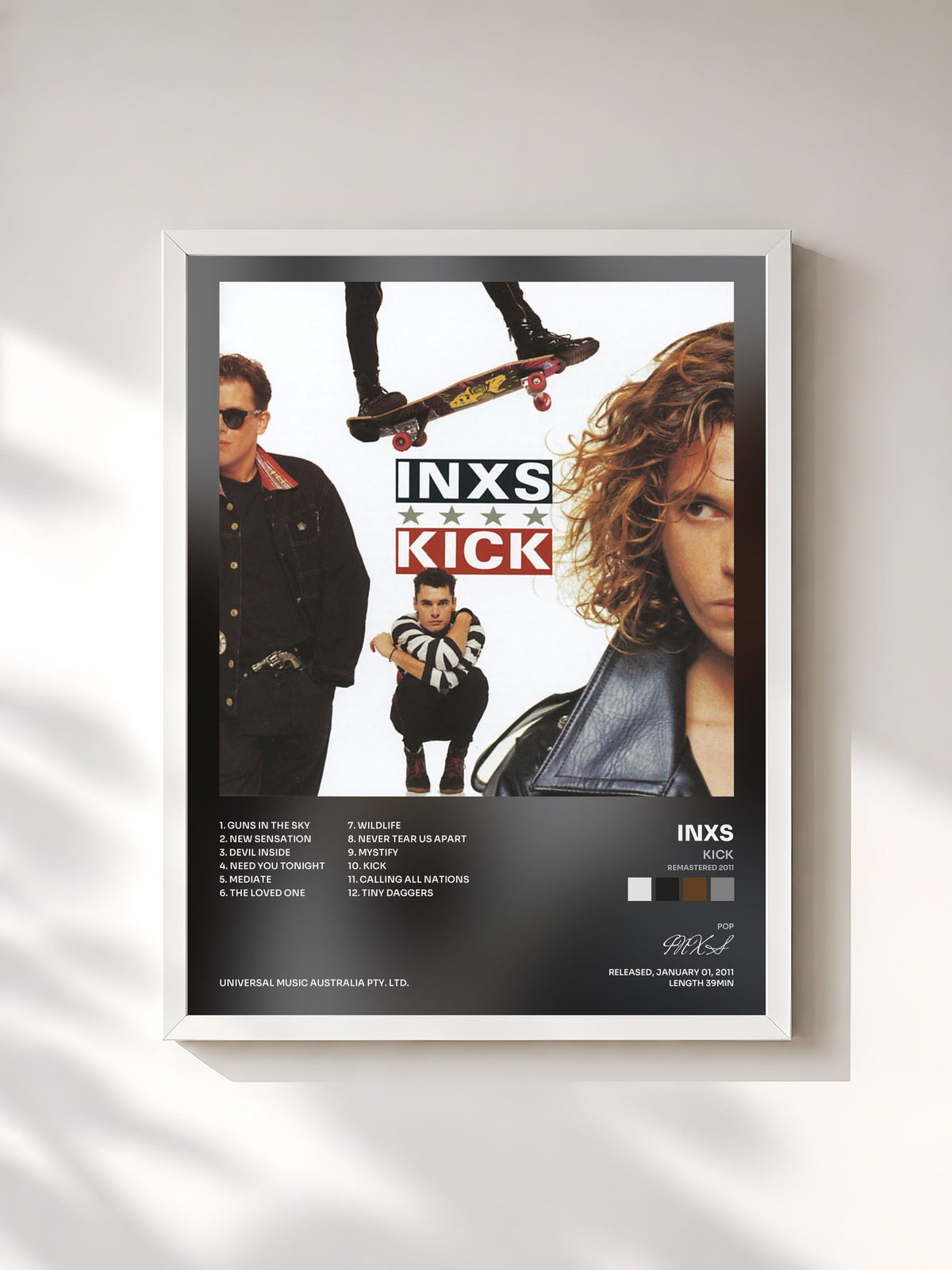 #blanc Tableau de l'album Kick (Remastered 2011) de INXS, cadre blanc, imprimé et encadré en France