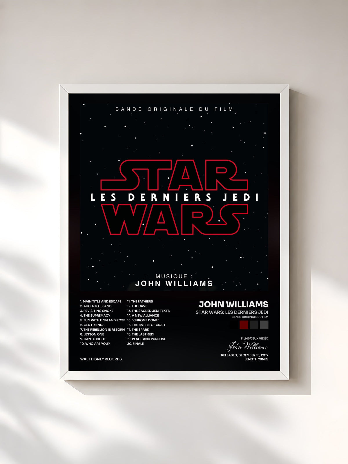 #blanc Tableau de l'album Star Wars: Les Derniers Jedi (Bande Originale du Film) de John Williams, cadre blanc, imprimé et encadré en France