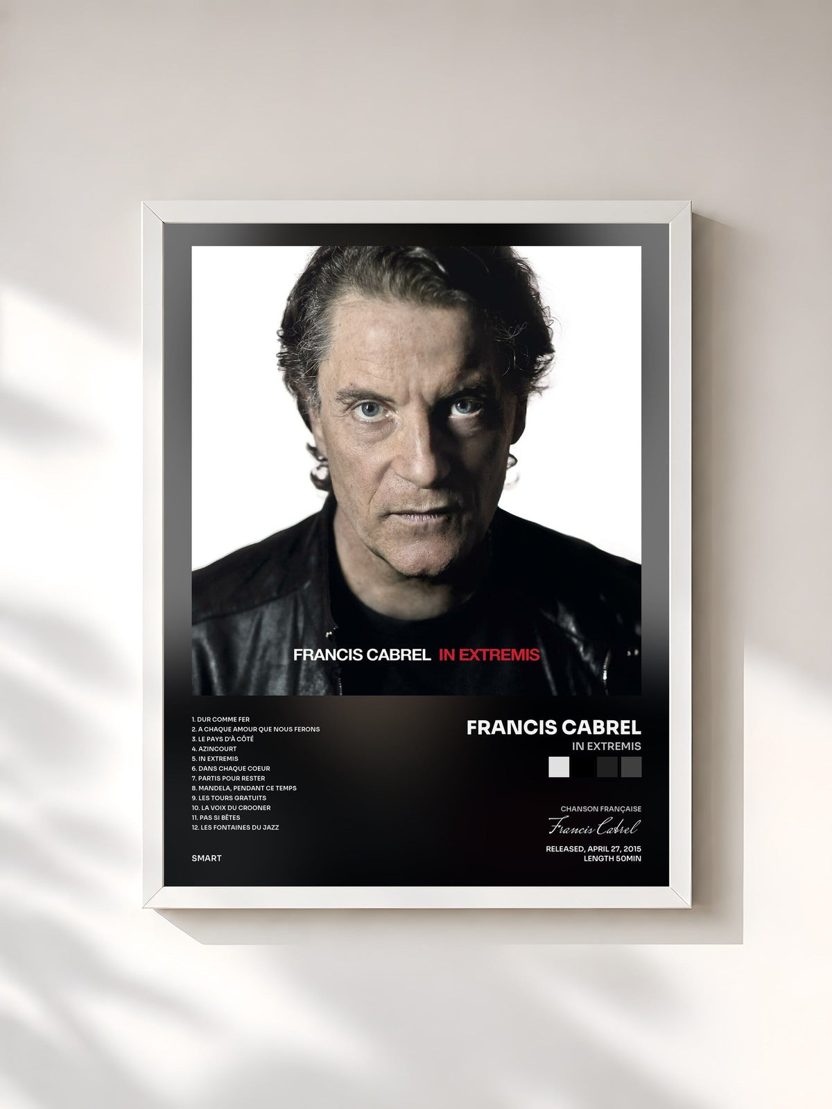 #blanc Tableau de l'album In Extremis de Francis Cabrel, cadre blanc, imprimé et encadré en France