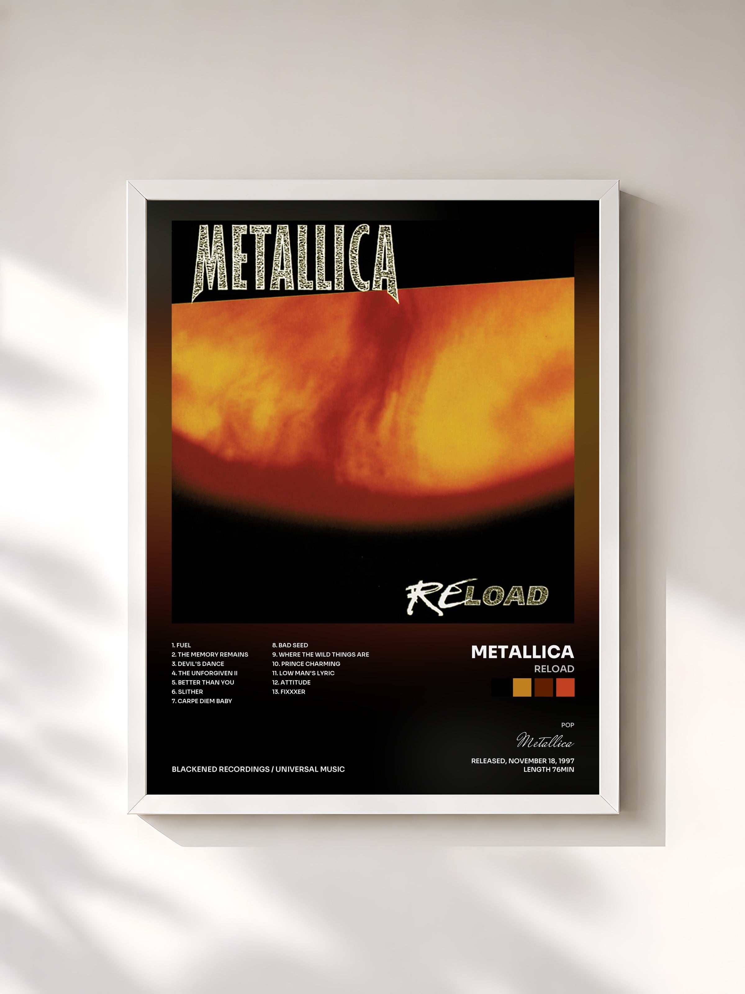 #blanc Reload by Metallica as a framed art print, white frame, printed and framed in France