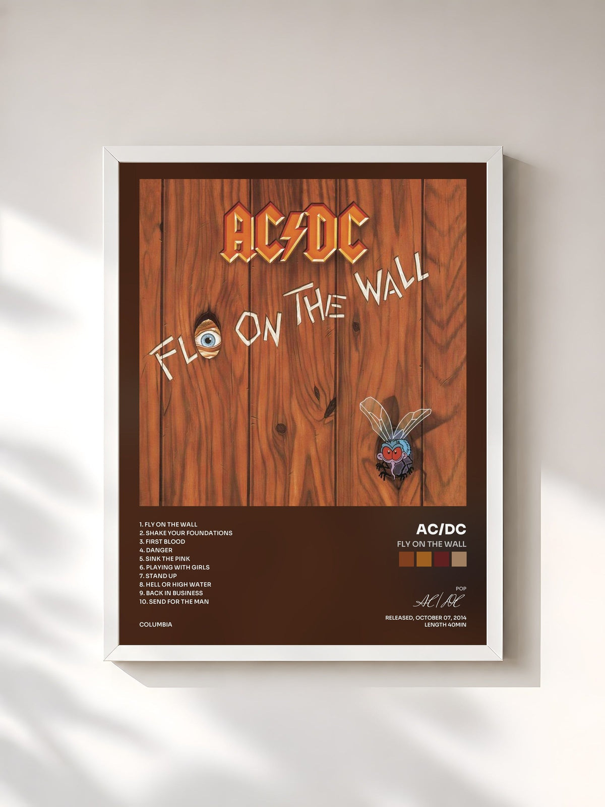 #blanc Tableau de l'album Fly On the Wall de AC/DC, cadre blanc, imprimé et encadré en France