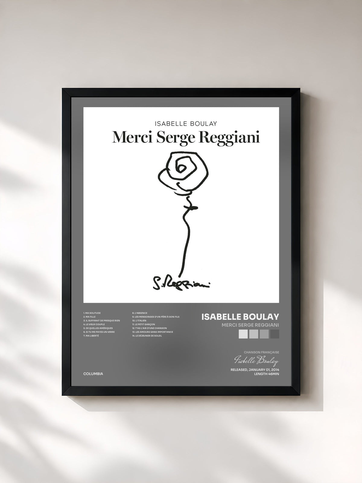 #noir Tableau de l'album Merci Serge Reggiani de Isabelle Boulay, cadre noir, imprimé et encadré en France