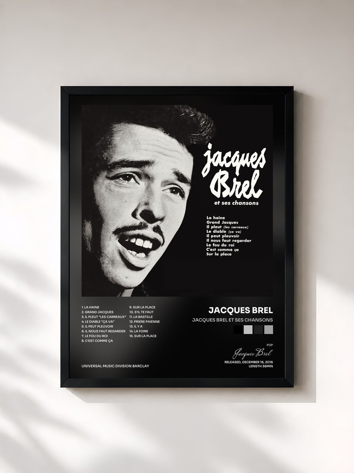 #noir Tableau de l'album Jacques Brel et ses chansons de Jacques Brel, cadre noir, imprimé et encadré en France