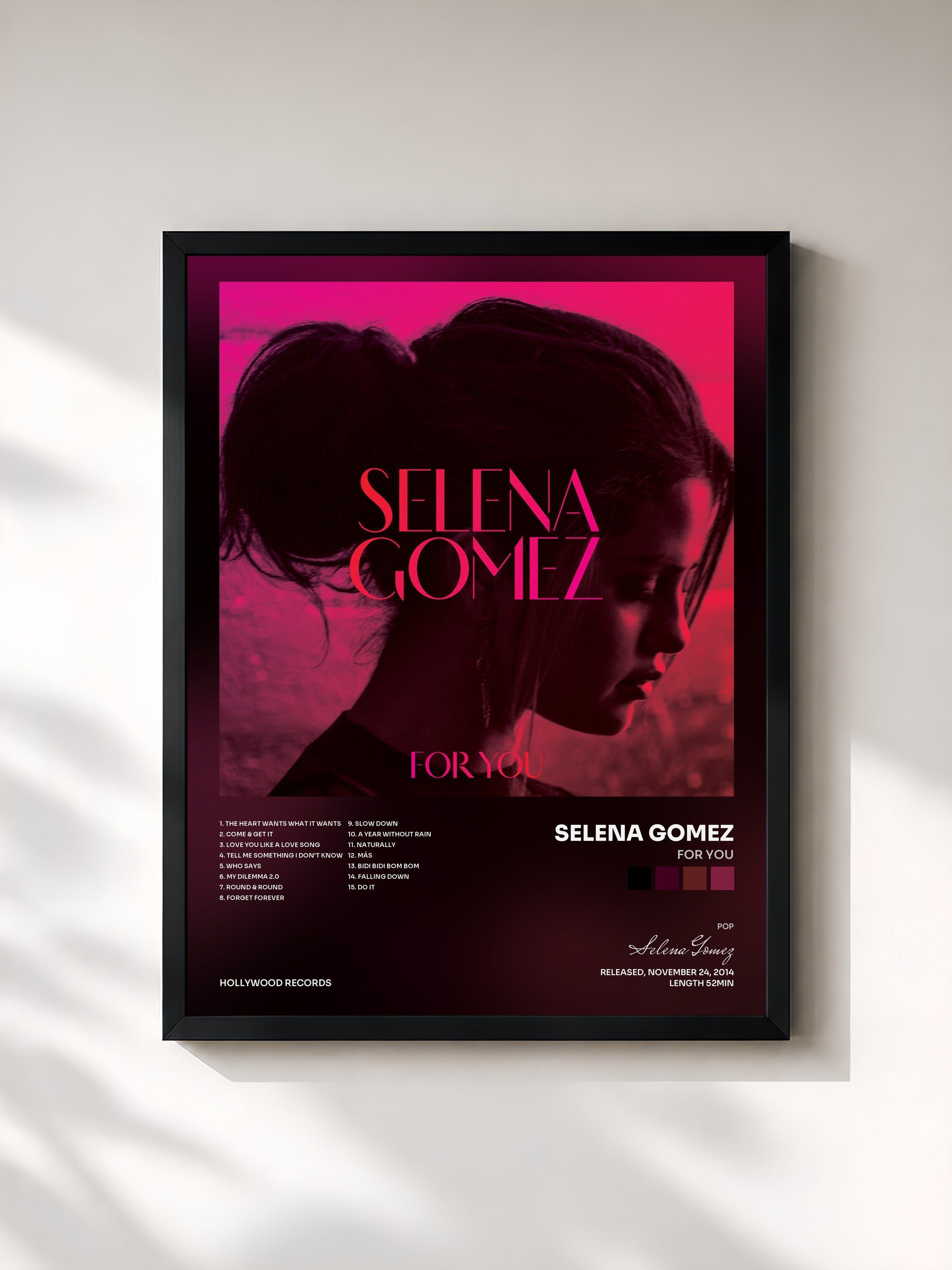 #noir Tableau de l'album For You de Selena Gomez, cadre noir, imprimé et encadré en France