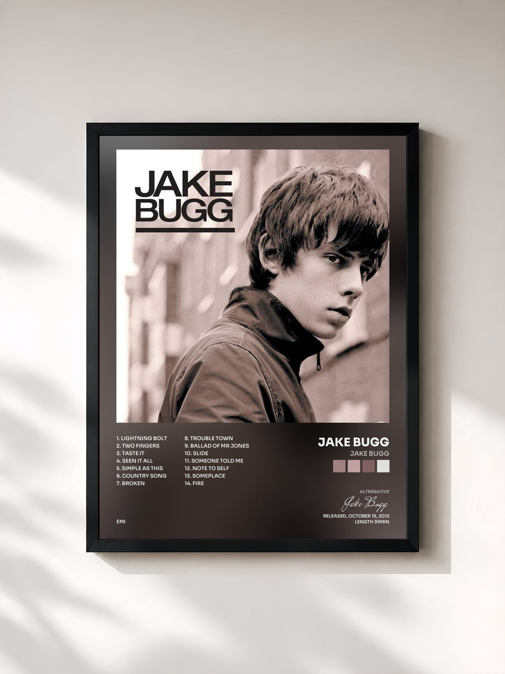 #noir Tableau de l'album Jake Bugg de Jake Bugg, cadre noir, imprimé et encadré en France