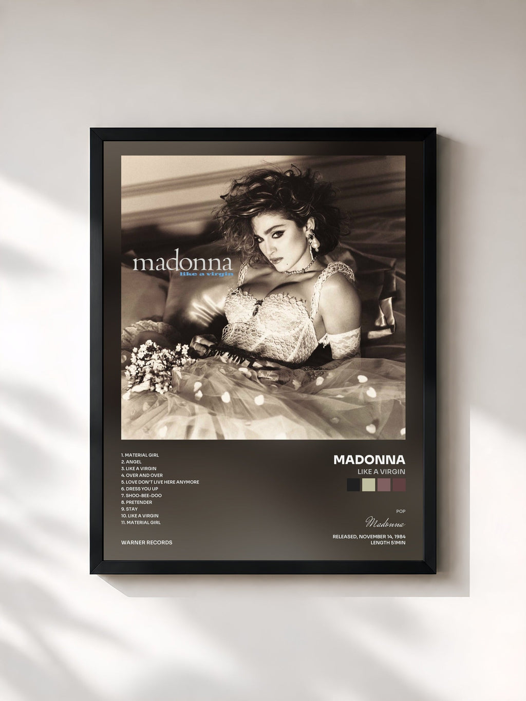 #noir Tableau de l'album Like a Virgin de Madonna, cadre noir, imprimé et encadré en France