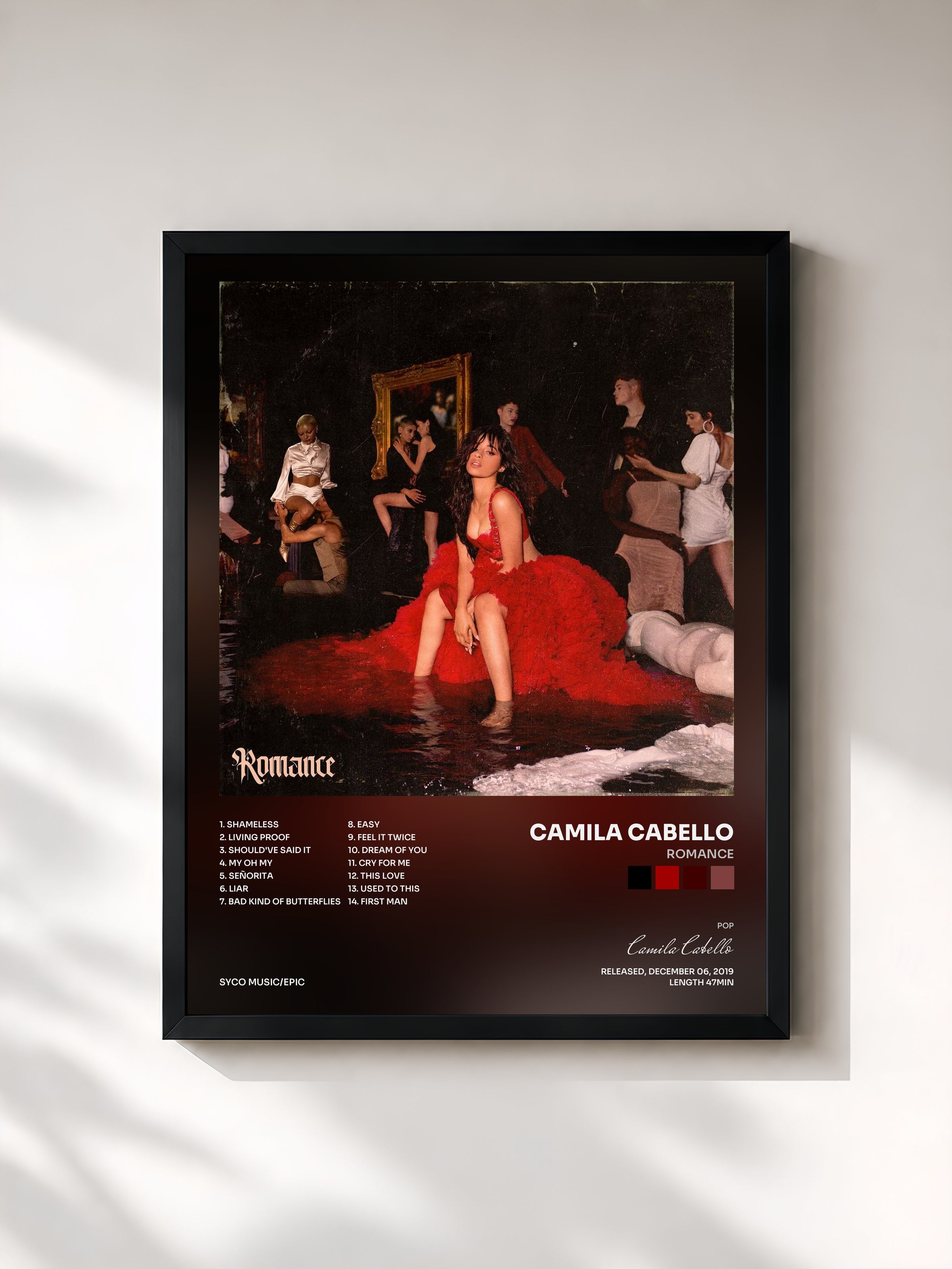 #noir Romance by Camila Cabello as a framed art print, black frame, printed and framed in France