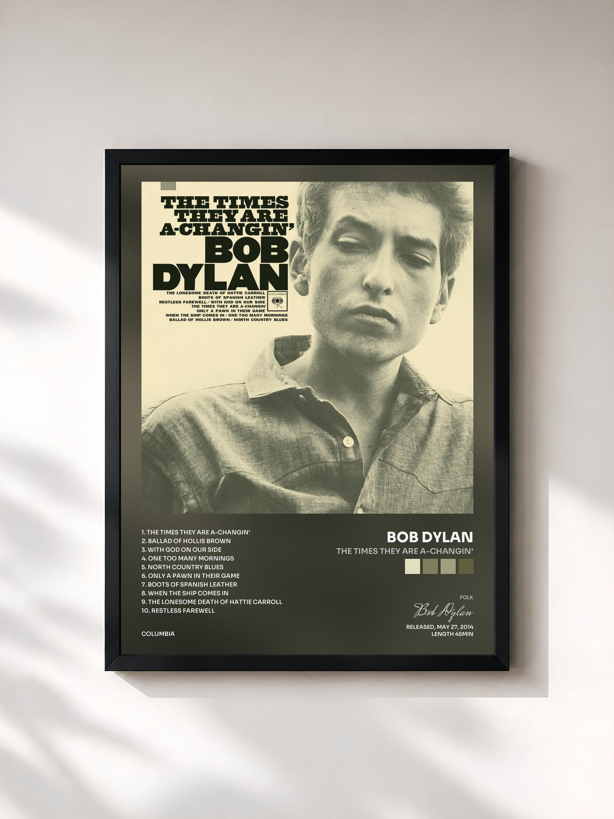 #noir Tableau de l'album The Times They Are A-Changin' de Bob Dylan, cadre noir, imprimé et encadré en France
