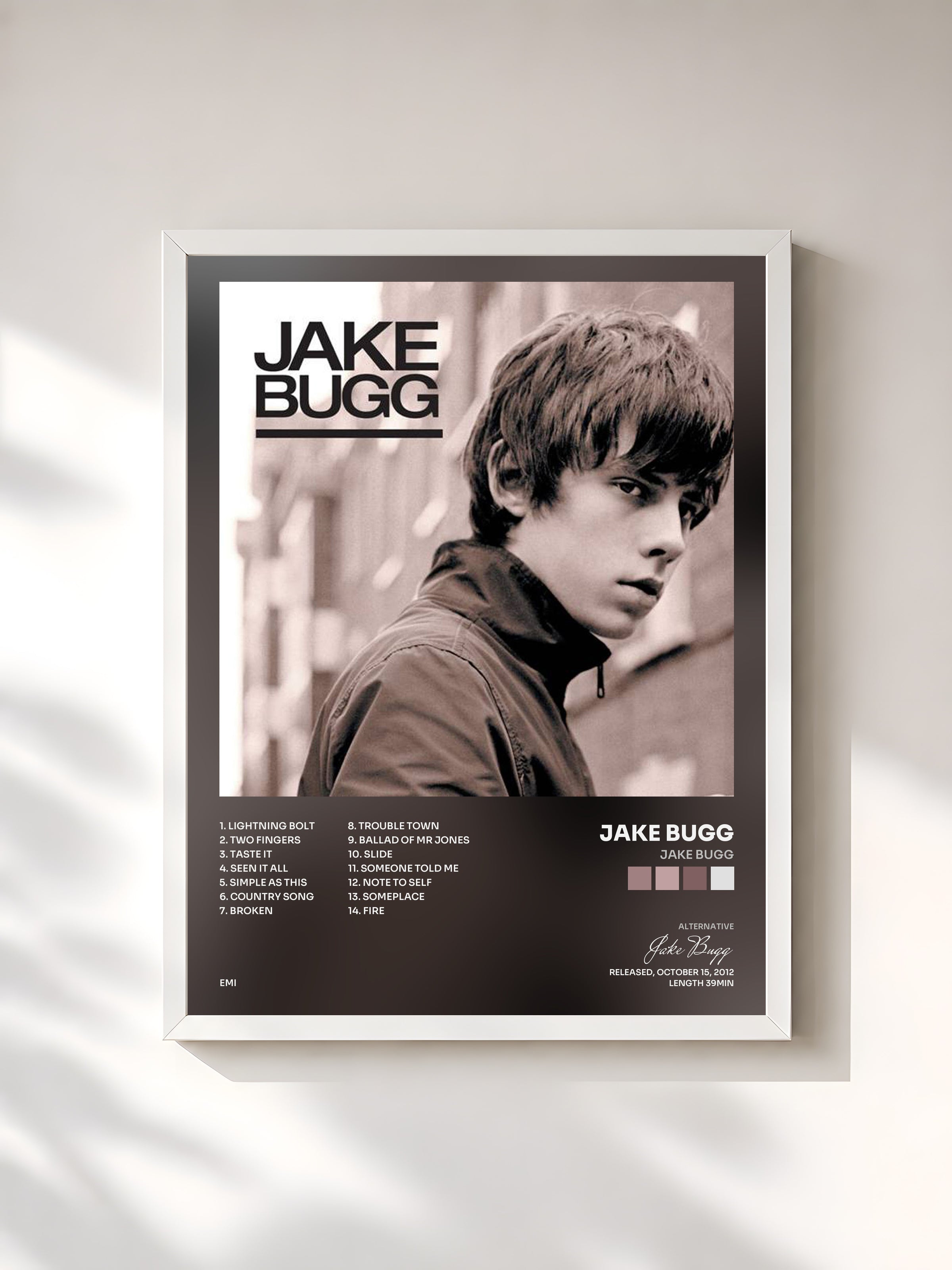 #blanc Tableau de l'album Jake Bugg de Jake Bugg, cadre blanc, imprimé et encadré en France