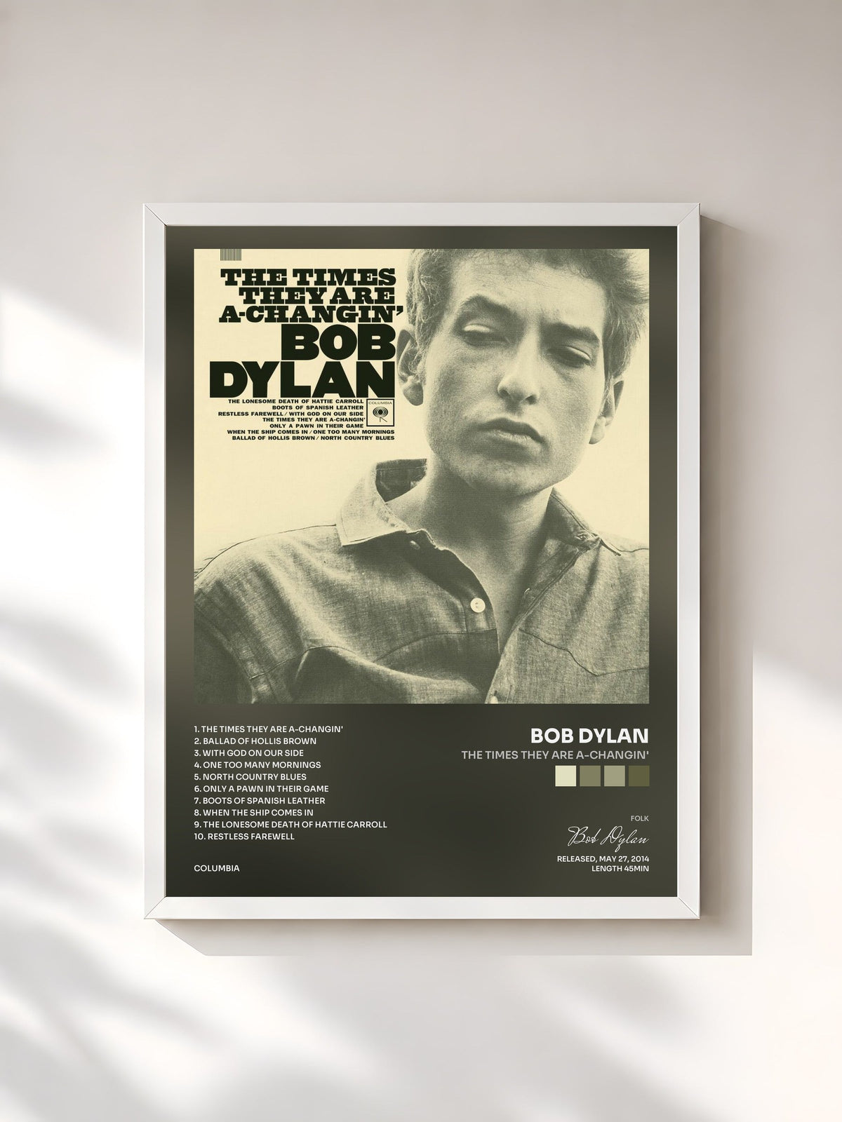 #blanc Tableau de l'album The Times They Are A-Changin' de Bob Dylan, cadre blanc, imprimé et encadré en France