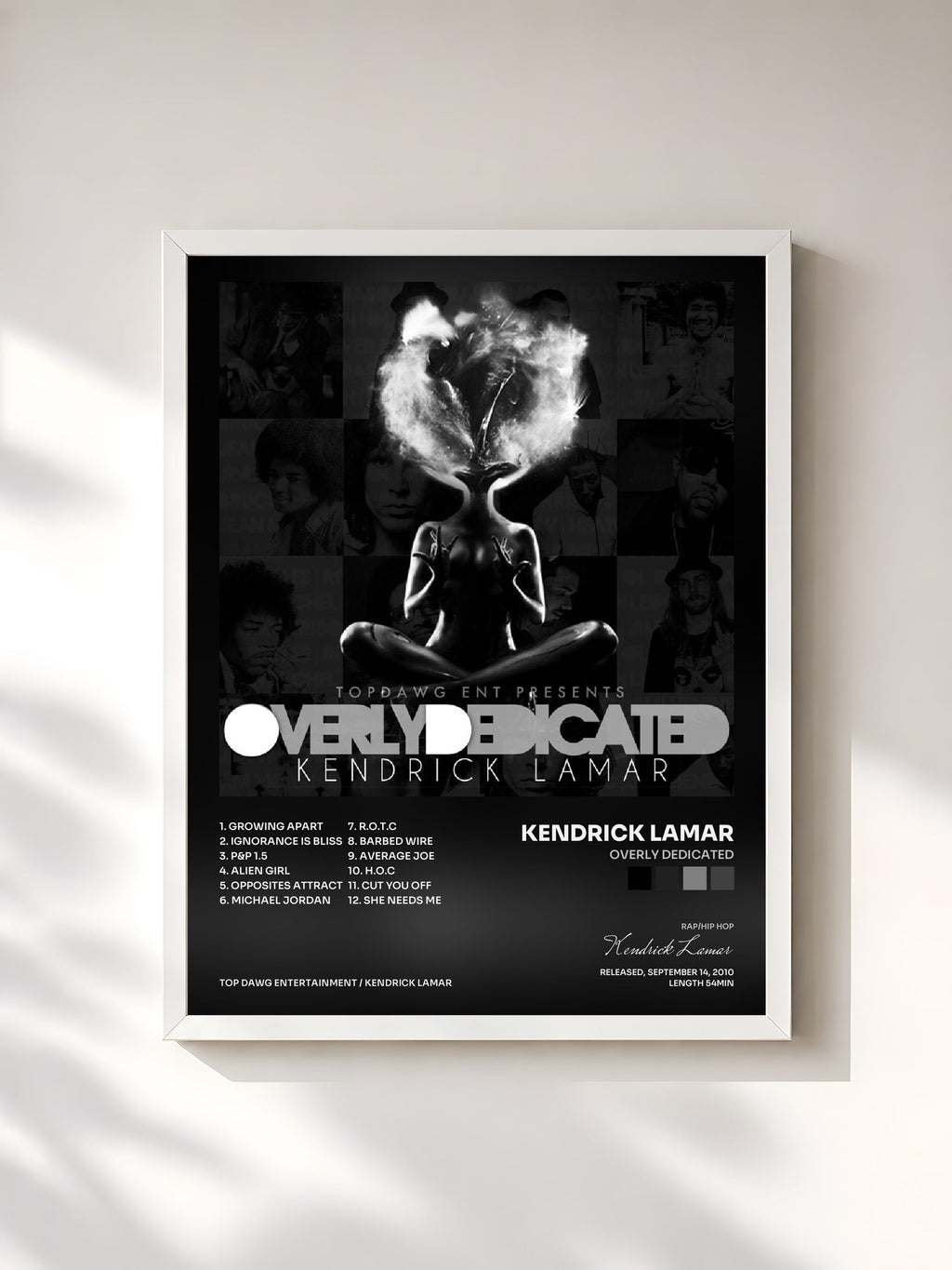 #blanc Tableau de l'album Overly Dedicated de Kendrick Lamar, cadre blanc, imprimé et encadré en France